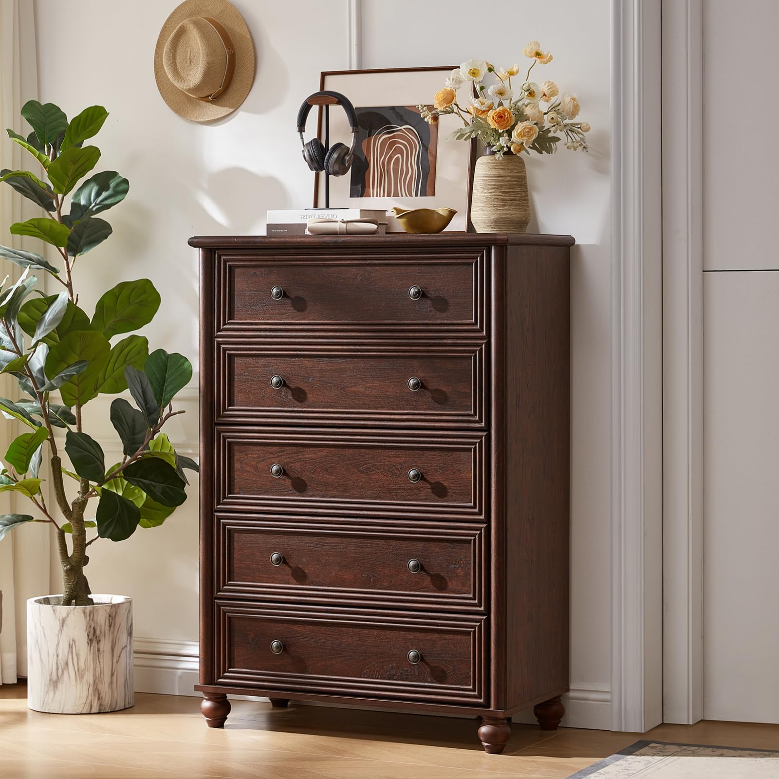 Farmhouse 5-Drawer Tall Dresser with Metal Handles