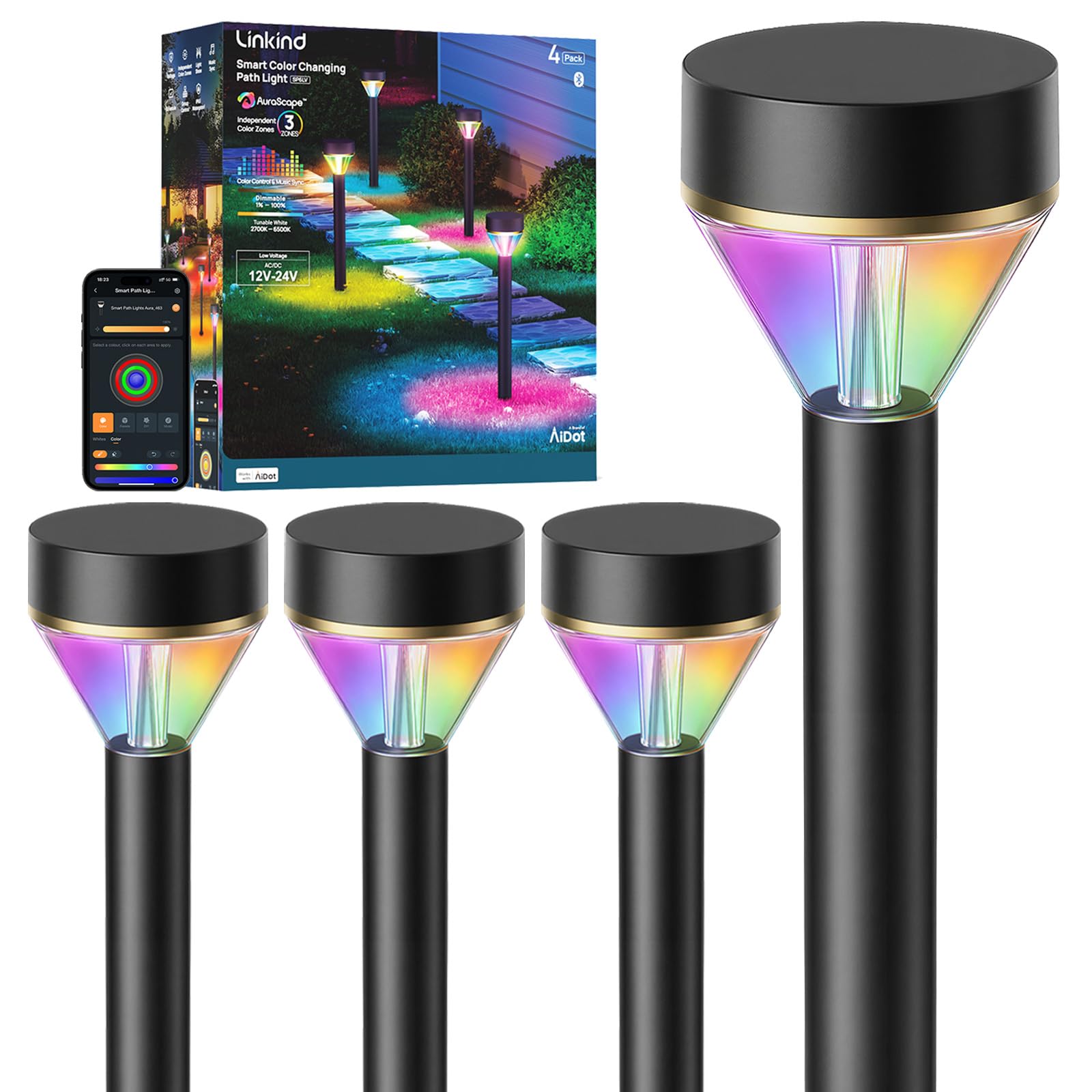 Smart Landscape Path Lights – Multi-Zone, Color-Changing, 4-Pack