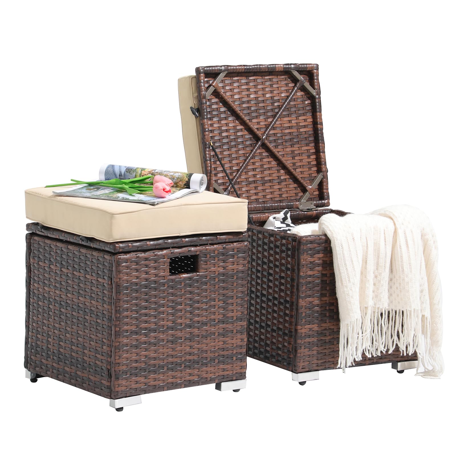 Outdoor Rattan Storage Ottoman Set of 2
