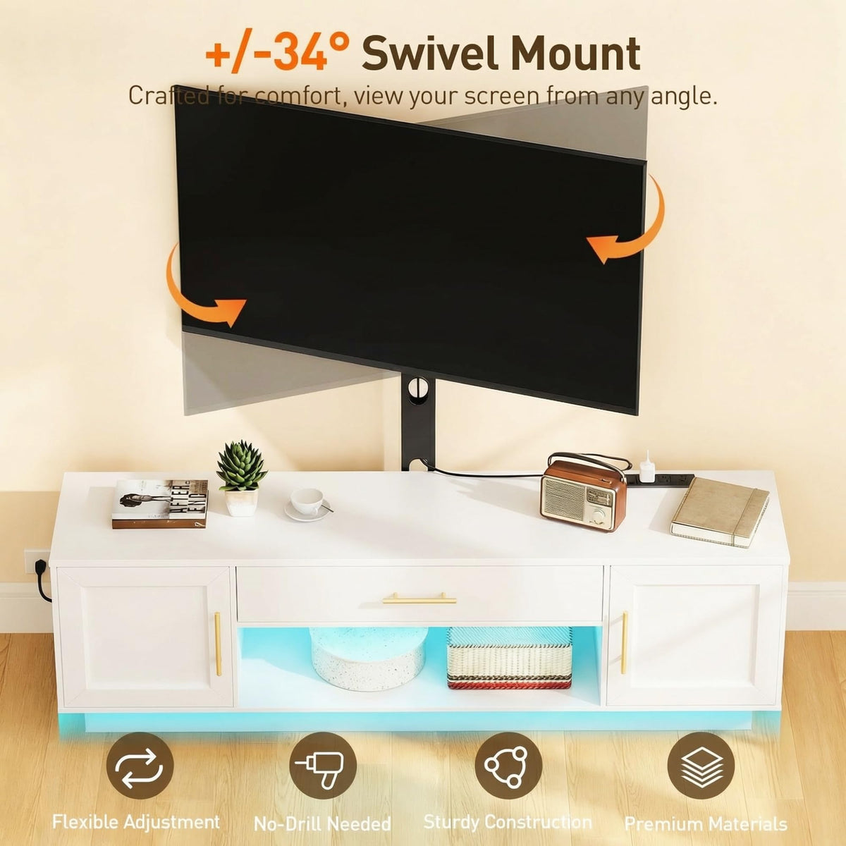 RALGEND 59" Modern TV Stand with Mount and Power Outlet, Swivel TV Stand for 32/55/65/75 inch TVs, Height Adjustable LED Entertainment Center, Media TV Console Table for Living Room, Bedroom, White
