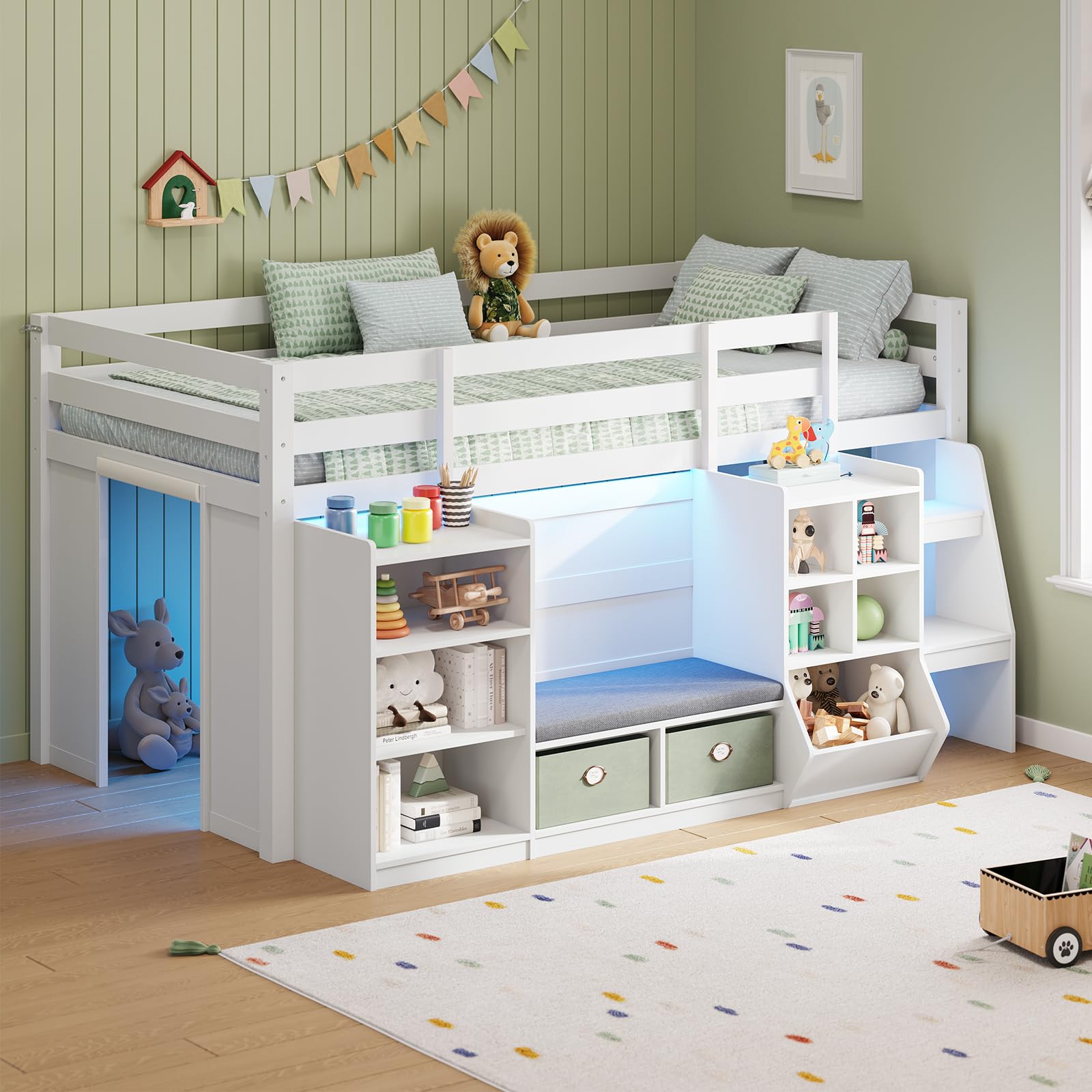 Twin Low Loft Bed with Storage & LED Lights