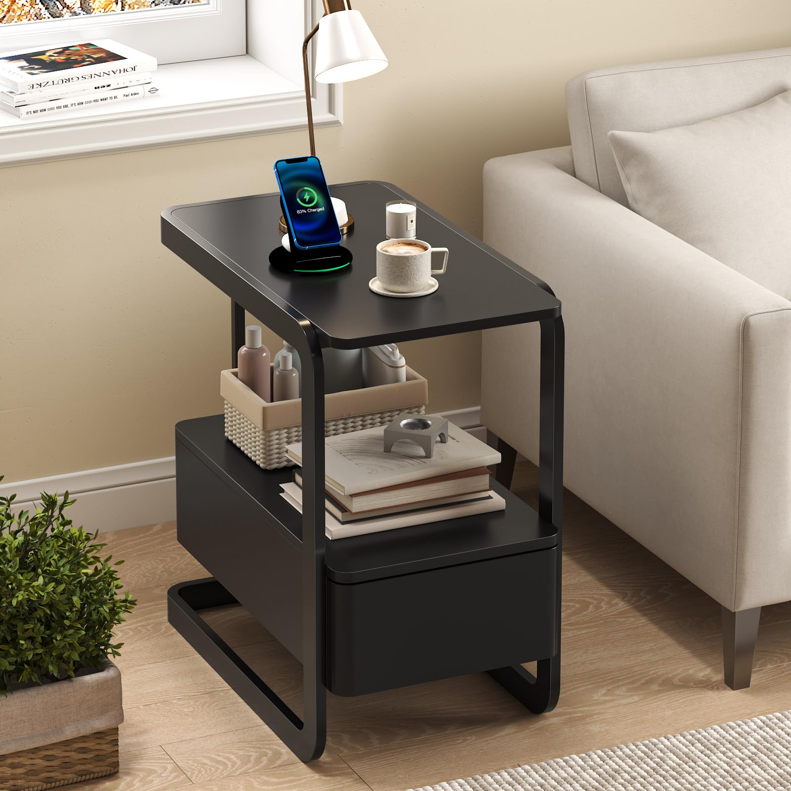 Narrow Side Table with Drawer & Open Shelf
