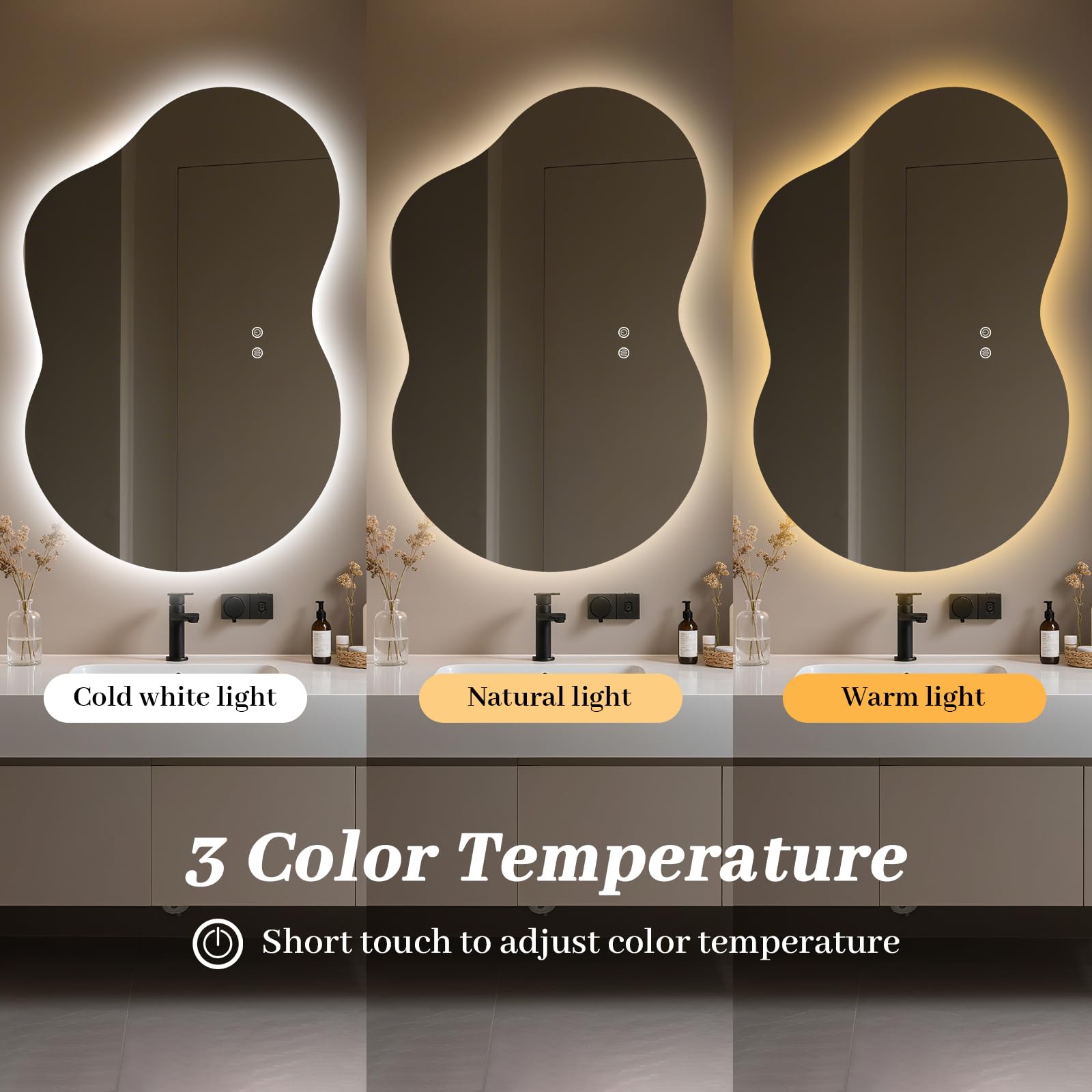WallBeyond 36"x24" Irregular LED Bathroom Mirror with Lights, Asymmetrical Backlit Vanity Mirror for Powder Room or Makeup Area, Dimmable & Anti-Fog, Dual Mounting