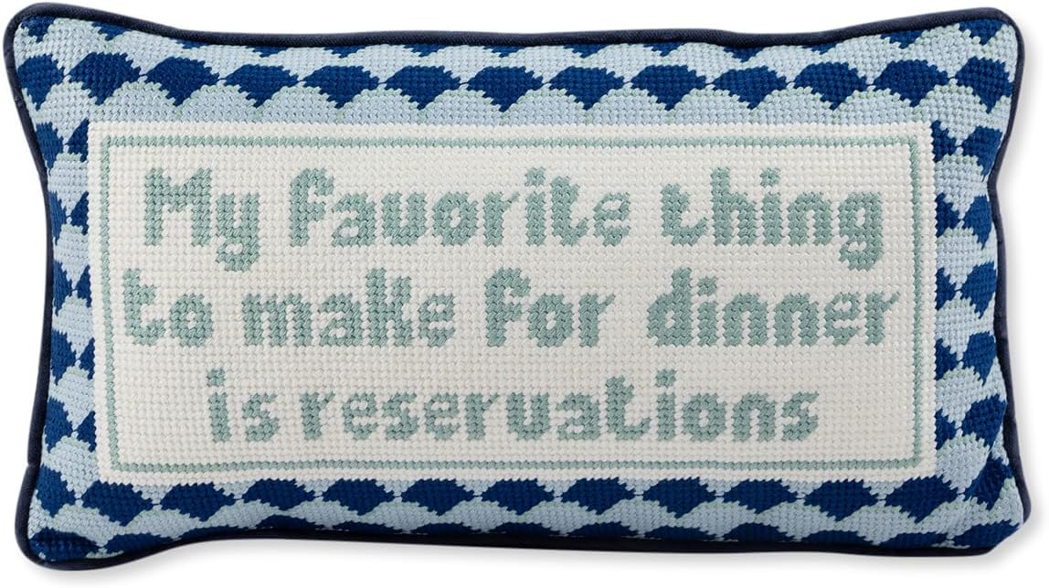 FURBISH Needlepoint Decorative Throw Pillow - with Reservations - 8" x 14" - Small Embroidered Accent Pillow for Bed, Chair, Couch, Sofa - Eclectic Home Decor