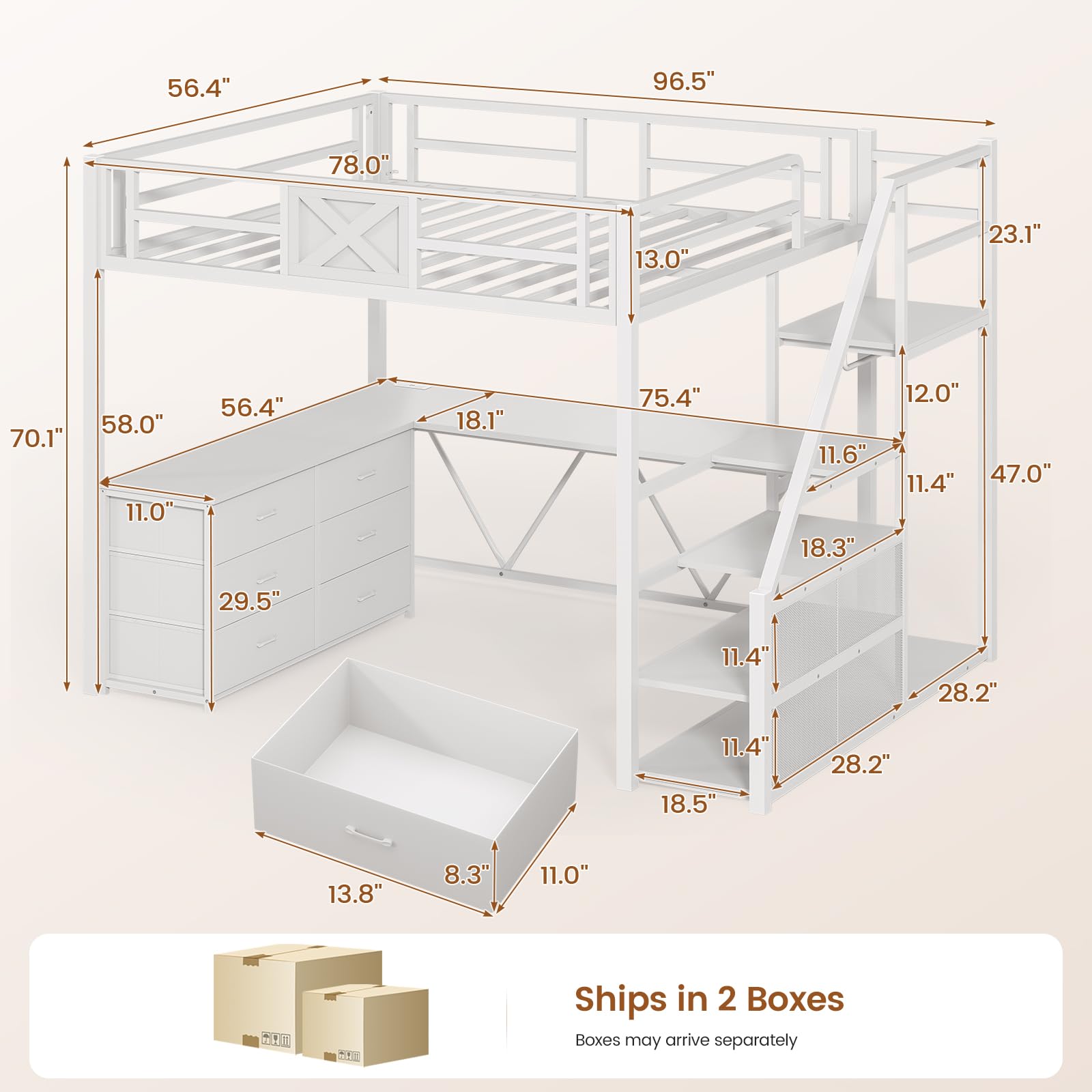 Full Size Loft Bed with Desk & Storage Stairs