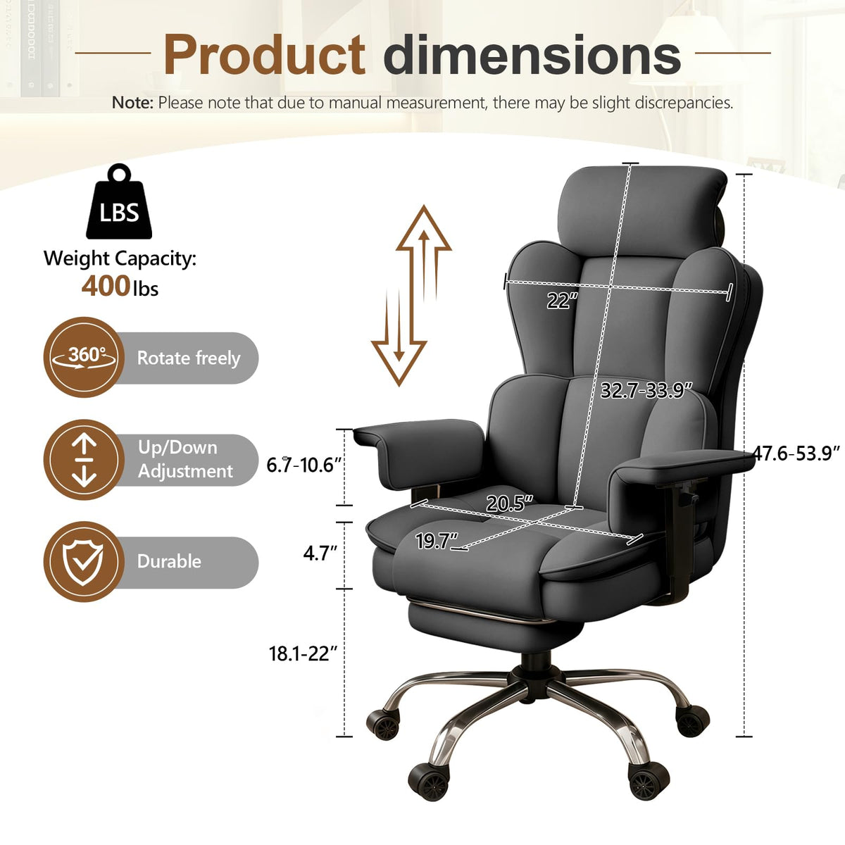 XUEGW Big and Tall Office Chair, Heavy Duty Executive Office Desk Chair