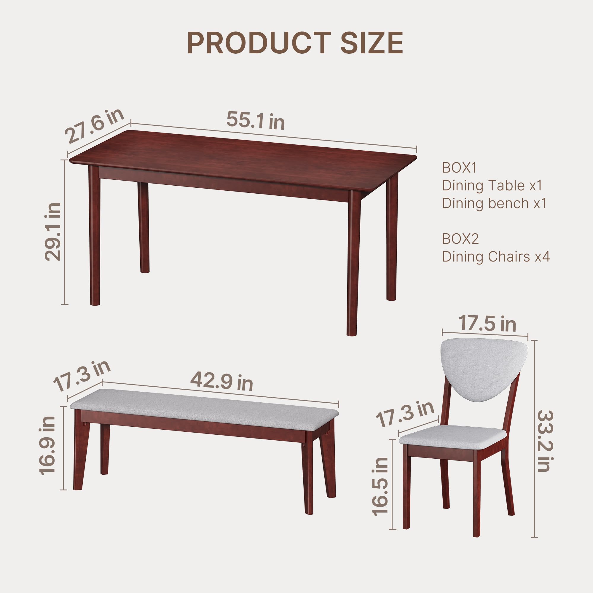 6-Piece Solid Rubberwood Dining Set with Bench & Upholstered Chairs