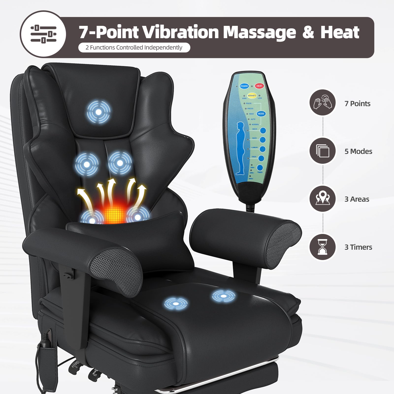 Mvpipi 7-Point Massage Office Chair,Heated Desk Manageral Chair,Ergonomic Executive Chair with Footrest,Adjustable Armrest，Computer Chair for Offices, Study Areas, Gaming Spaces,Black