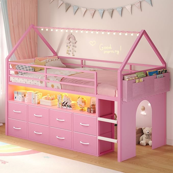 Twin Size Kids Loft Bed with Storage Drawers & LED Lights