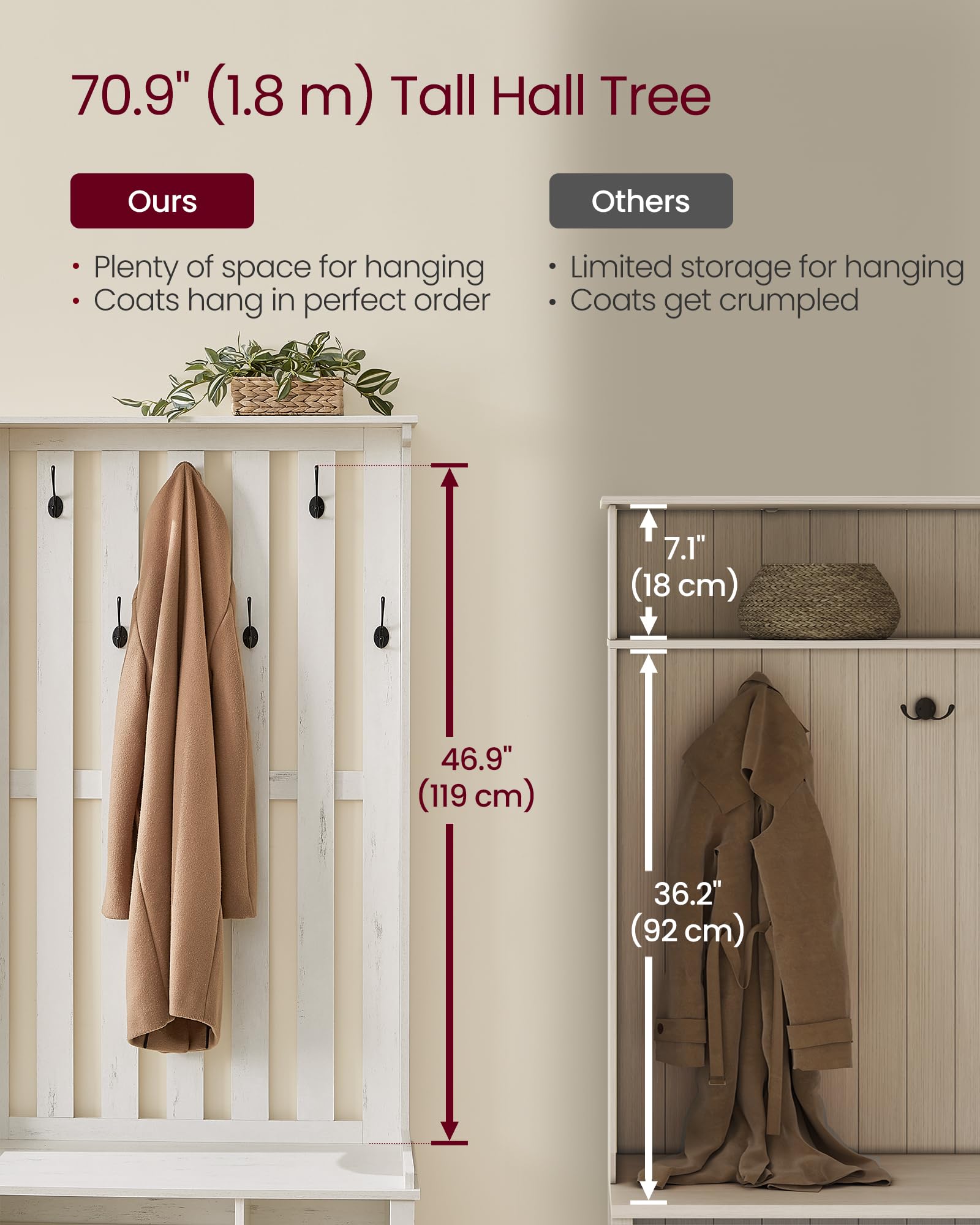 Hall Tree with Bench, Shoe Storage & 7 Double Hooks
