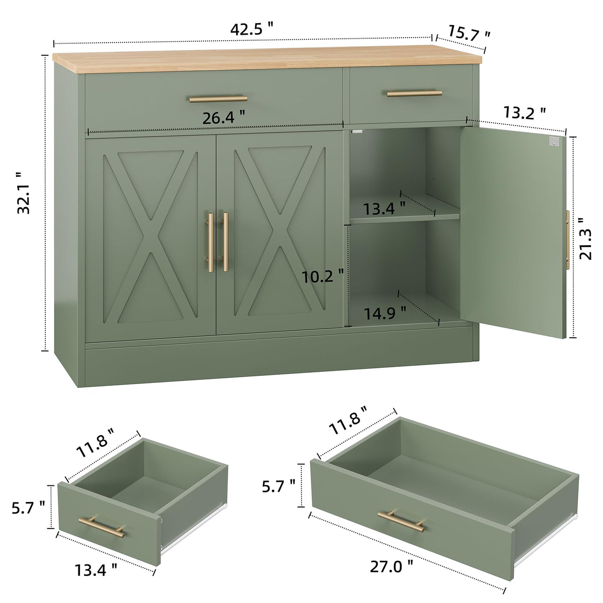 Shintenchi 42" Buffet Cabinet with Storage, Kitchen Barn Door Cabinet