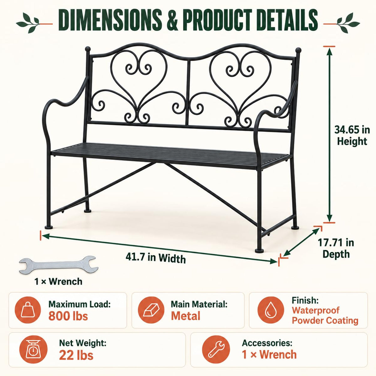 XYCCRX Metal Outdoor Garden Bench with Scrollwork Backrest, 41.7-Inch