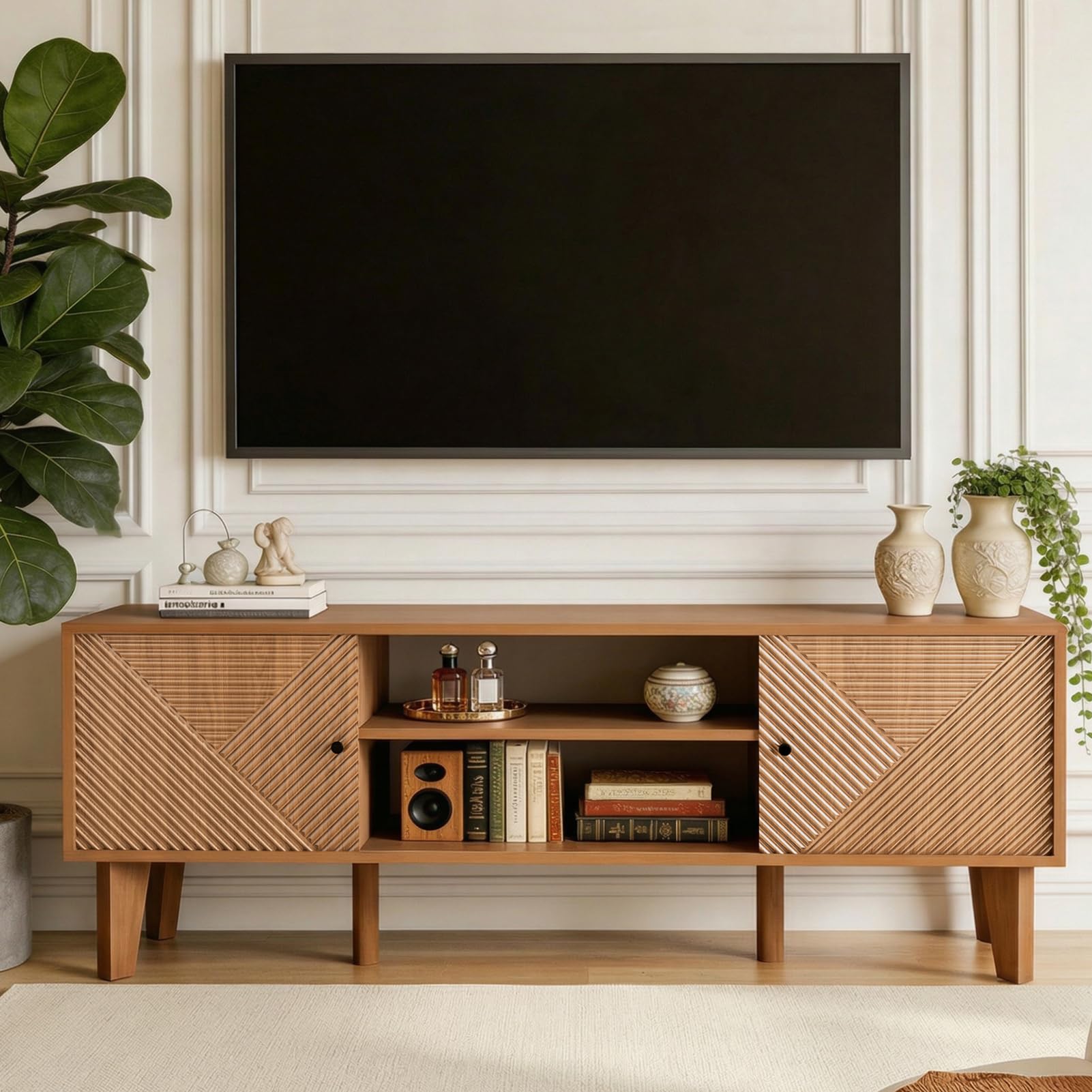 Mid-Century Modern TV Stand with Fluted Door Cabinets