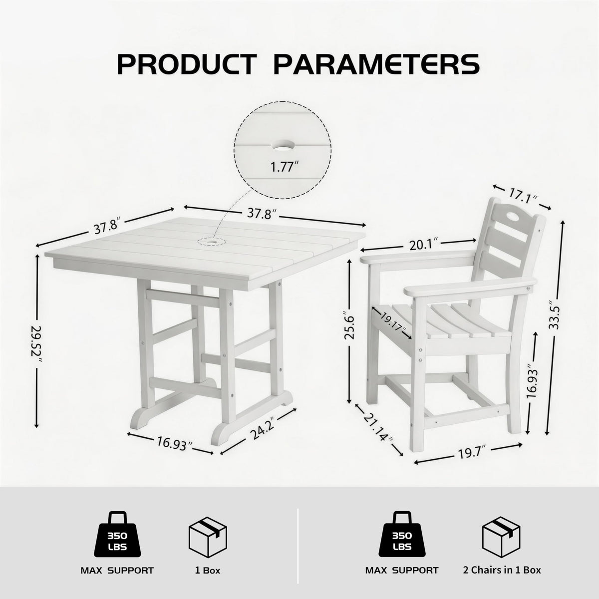 3 Piece Outdoor Patio Dining Set, HDPE 37.8" Square Dining Table with 1.77" Umbrella Hole & 2 Comfortable Armchairs, Heavy Duty Poly Bistro Furniture for Balcony, Porch, Garden, Poolside, White