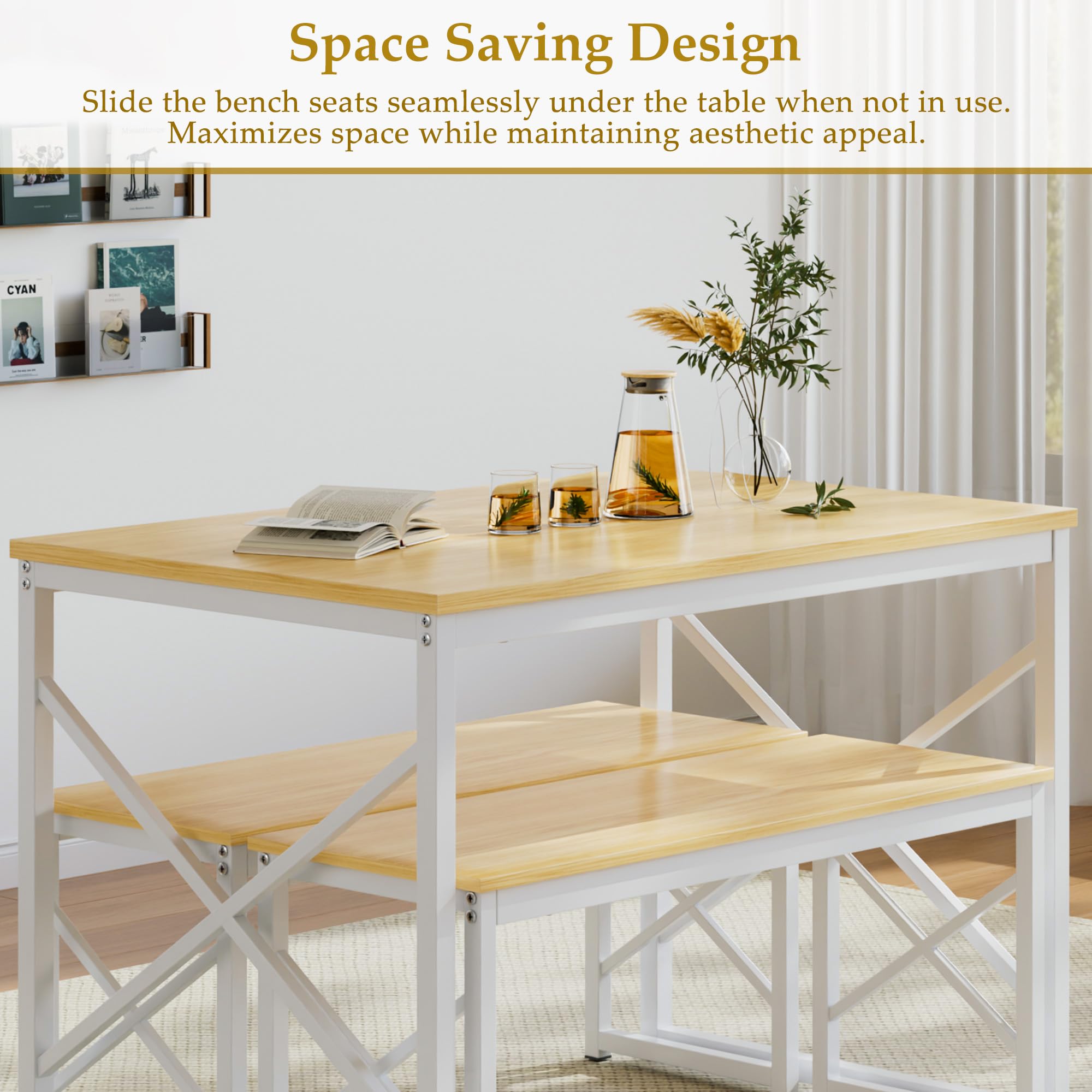 VECELO Kitchen Dining Table Benches Set for 4, 43.3" Wooden Dinette with 2 Benches, Heavy-Duty Dining Room Table for Small Space, Breakfast Nook, Natural Oak