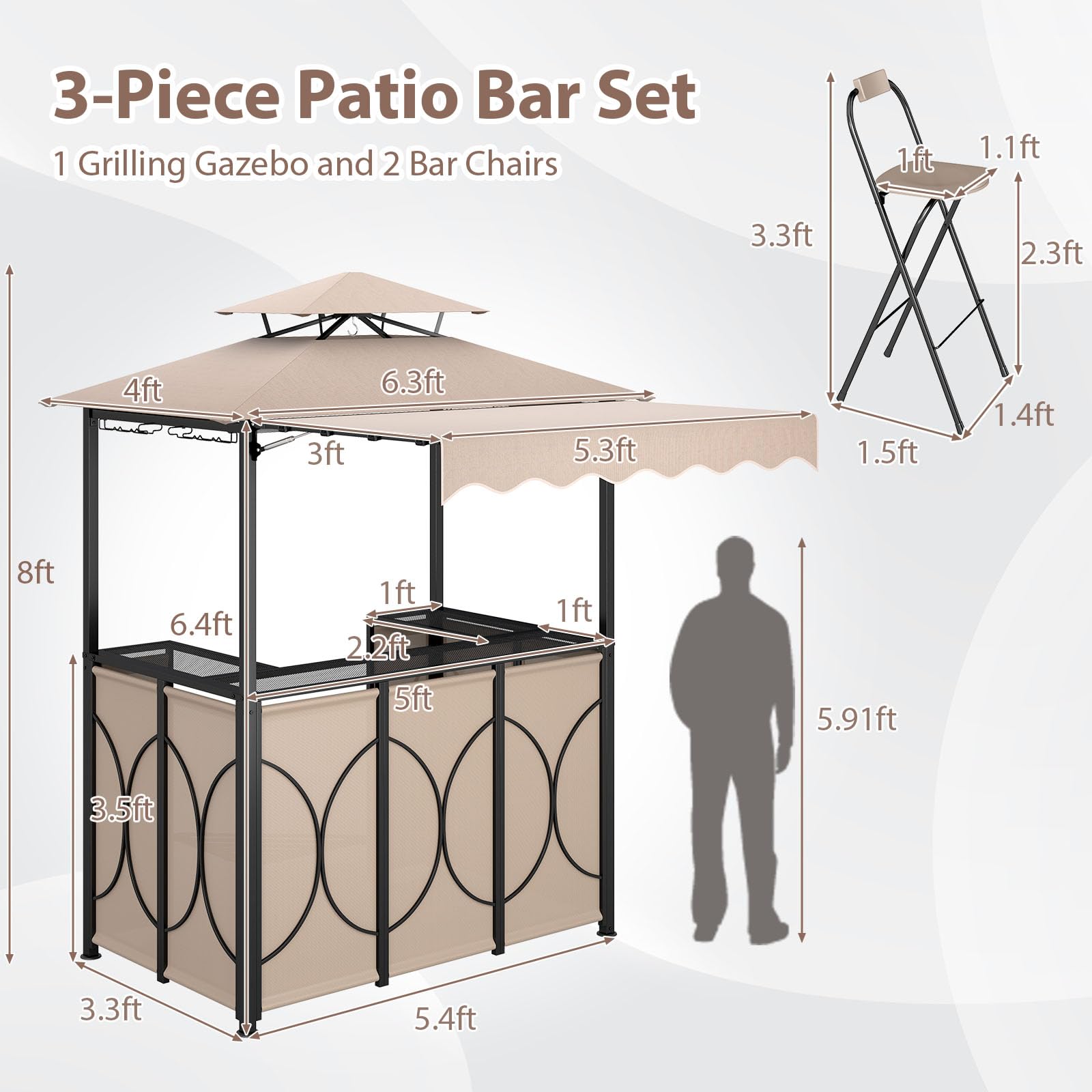 Tangkula 3 Piece Patio Bar Set, Grill Gazebo & 2 Foldable Bar Stools with Awning, Metal Storage Shelves, Glass Holders, Double-Tier Outdoor Shelter for Patio Poolside Garden Backyard (Coffee)