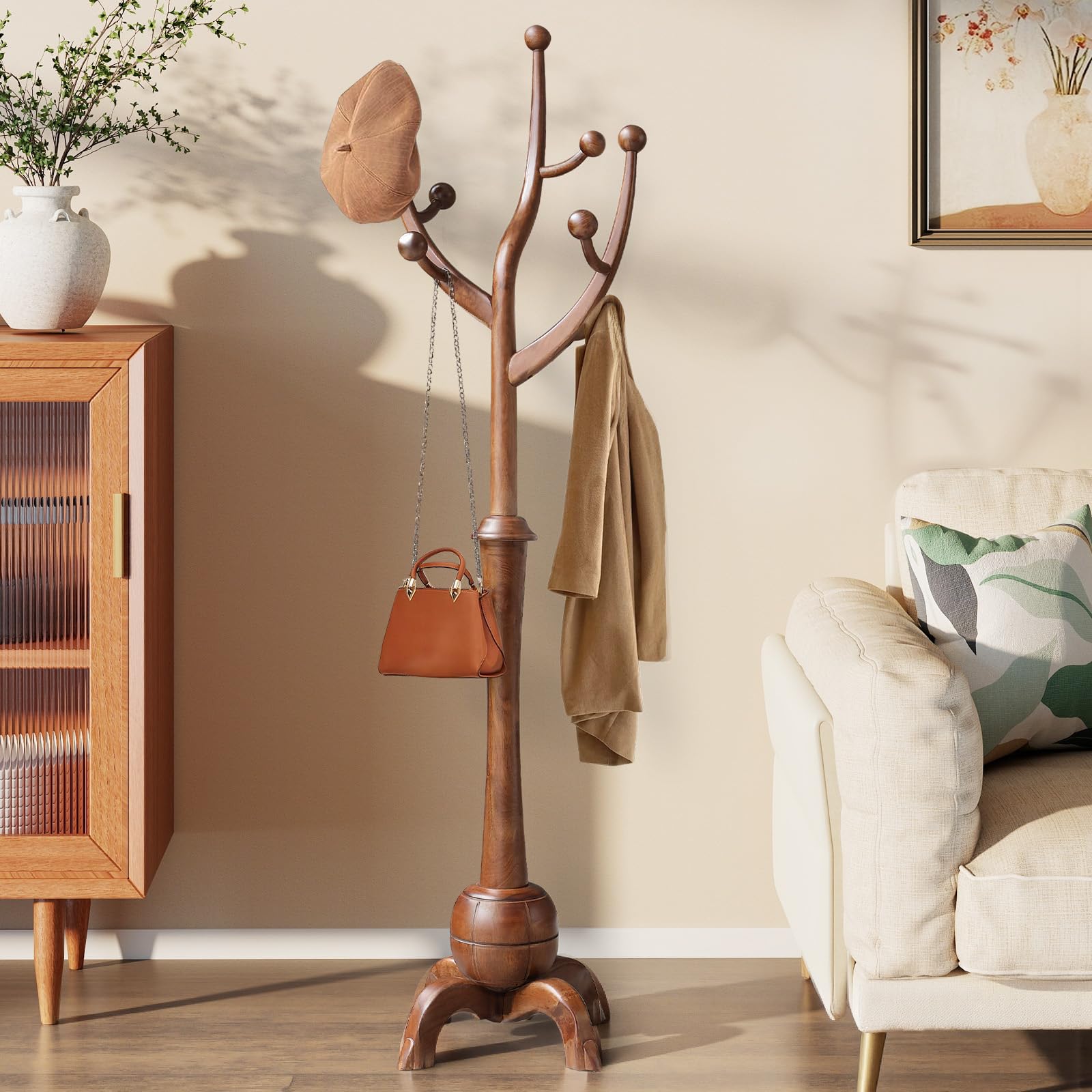 Freestanding Wooden Coat Rack with 8 Hooks