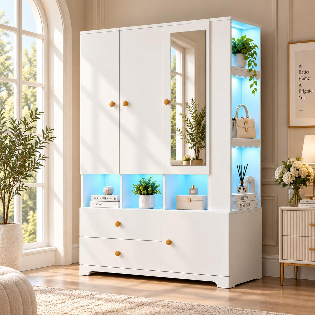 SDMY Armoire Wardrobe Closet with Mirror and LED Lights,71" Freestanding Armoire with 3 Doors,2 Drawers, Hanging Rod, Adjustable Shelves, Large Wooden Clothes Storage Cabinet for Bedroom, White
