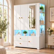 SDMY Armoire Wardrobe Closet with Mirror and LED Lights,71" Freestanding Armoire with 3 Doors,2 Drawers, Hanging Rod, Adjustable Shelves, Large Wooden Clothes Storage Cabinet for Bedroom, White