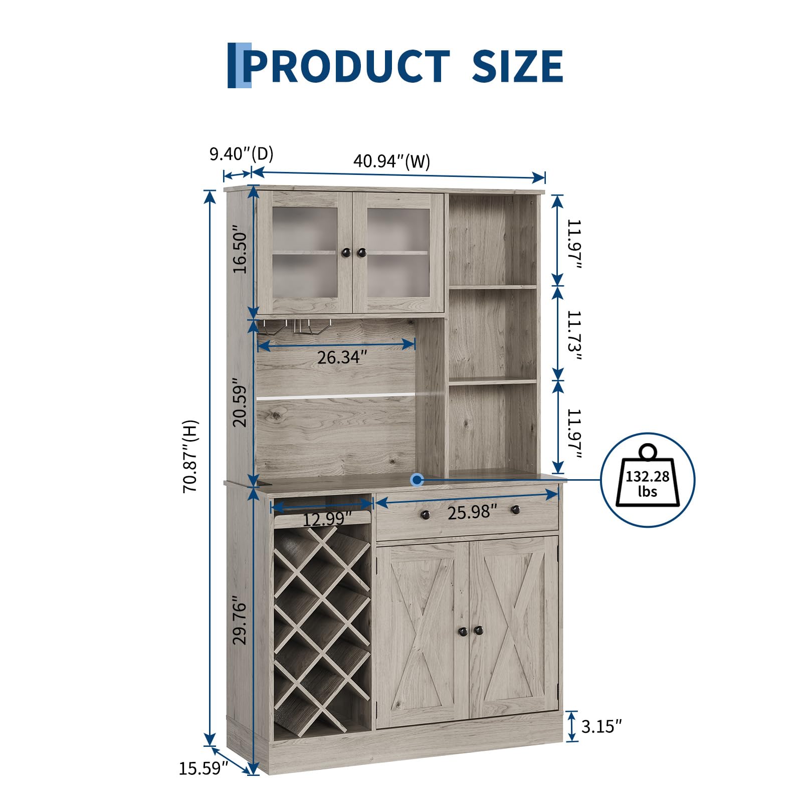 GarveeLife Tall Wine & Coffee Bar Cabinet – Modern Sideboard Buffet, Barn Doors, Storage Hutch, Power Outlets, Glass Holder, Wine Rack – for Dining Room, Kitchen, or Living Room – Grey
