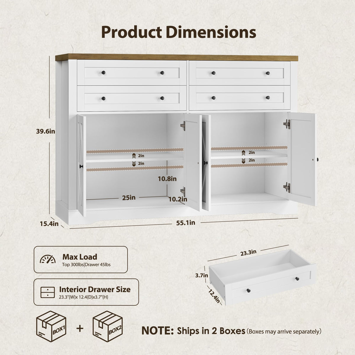 HOSTACK 55"W Kitchen Buffet Sideboard Cabinet with 4 Storage Drawers, White
