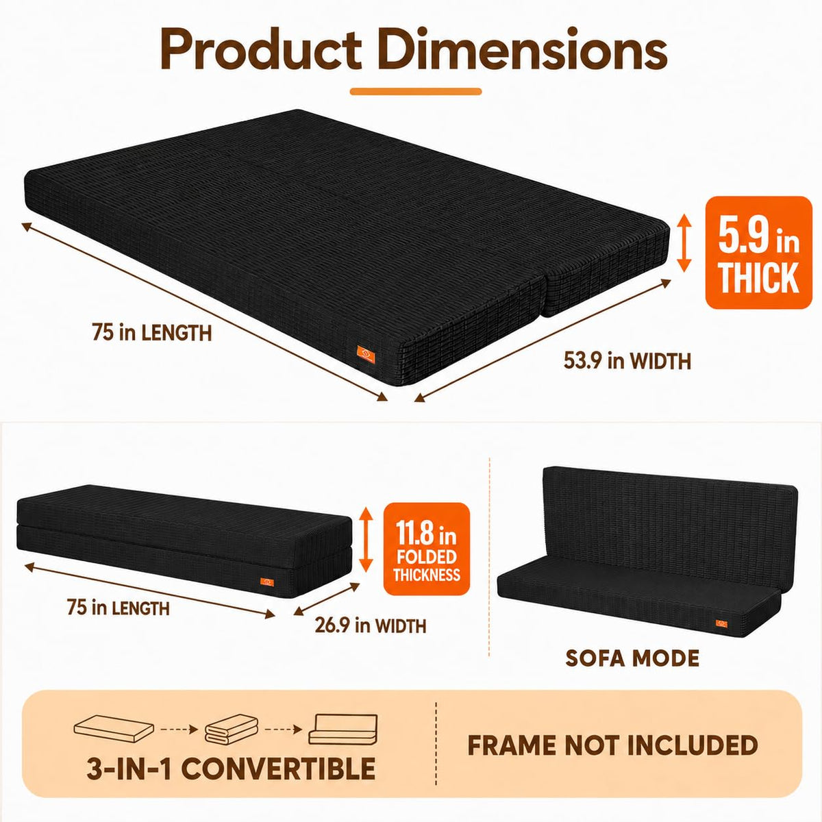 MeMoreCool 6" Futon Full Size, Folding Sofa Floor Couch, Frame Not Included