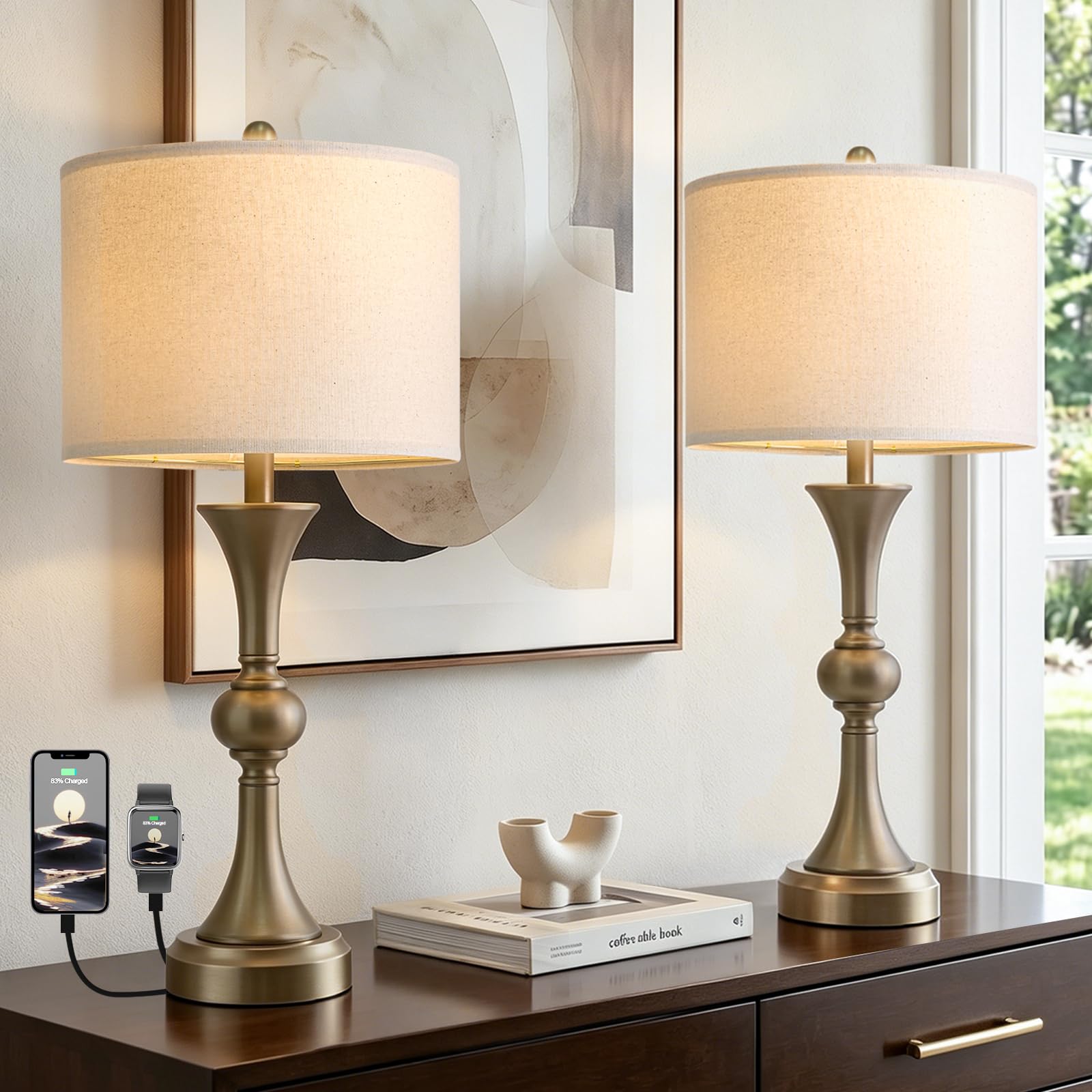 Oneach 28" Modern Table Lamps Set of 2 for Living Room, Warm Gold Bedside Lamps with USB Ports, Nightstand Lamps Set for Bedroom Farmhouse Lamp End Table Lamps (Bulbs not Included)