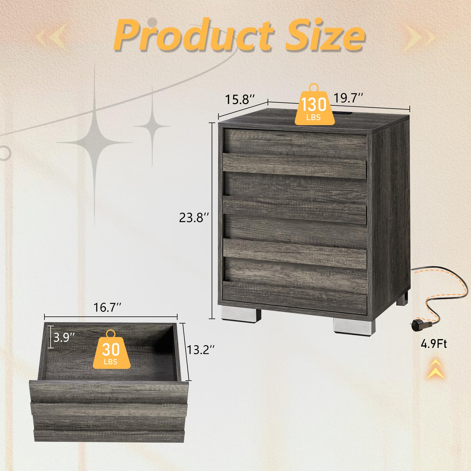 LUXOAK End Table Set of 2 with Charging Station, Farmhouse Side Table with Slated Handles, Nightstands with Stainless Steel Feet for Bedroom & Living Room, Rustic Grey
