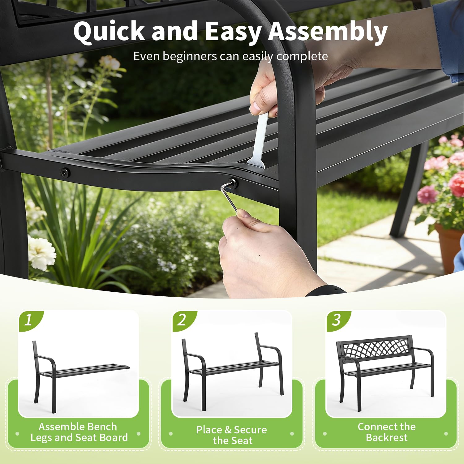 Outdoor Metal Garden Bench with Mesh Backrest
