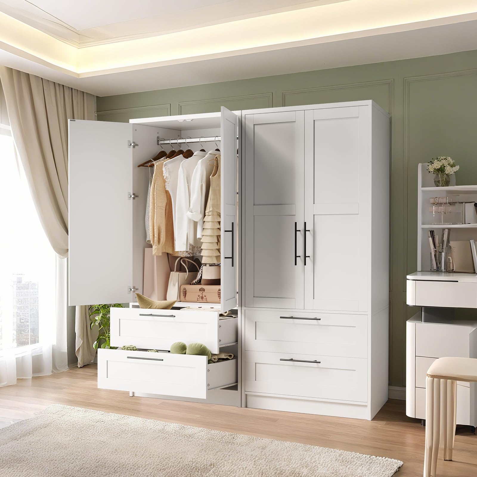 2-Door Wardrobe Armoire with Drawers & Hanging Rod
