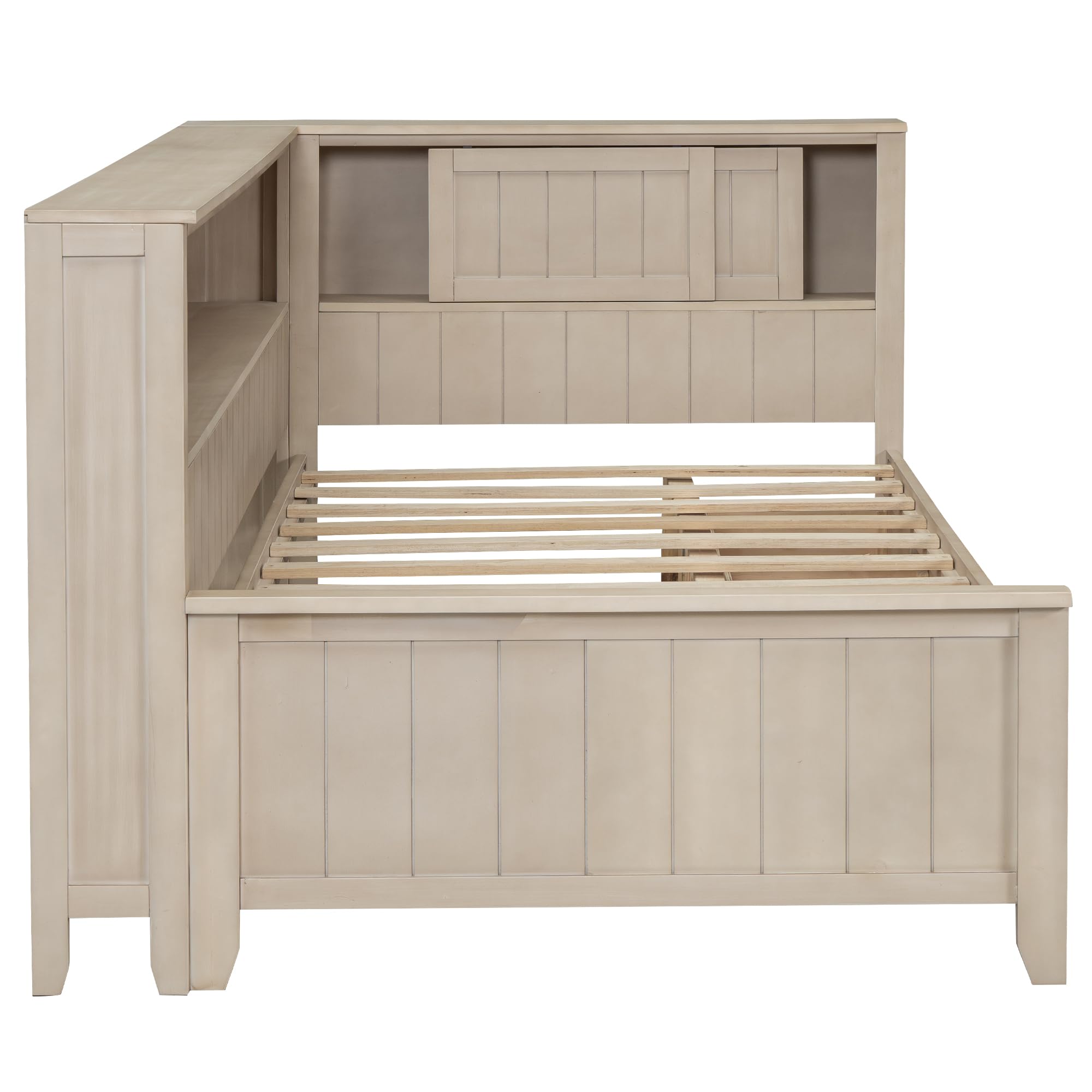Zeephrog Twin Size Wood Daybed with Trundle and Storage Shelves, Antique White Daybed Frame with Drawers – No Box Spring Needed