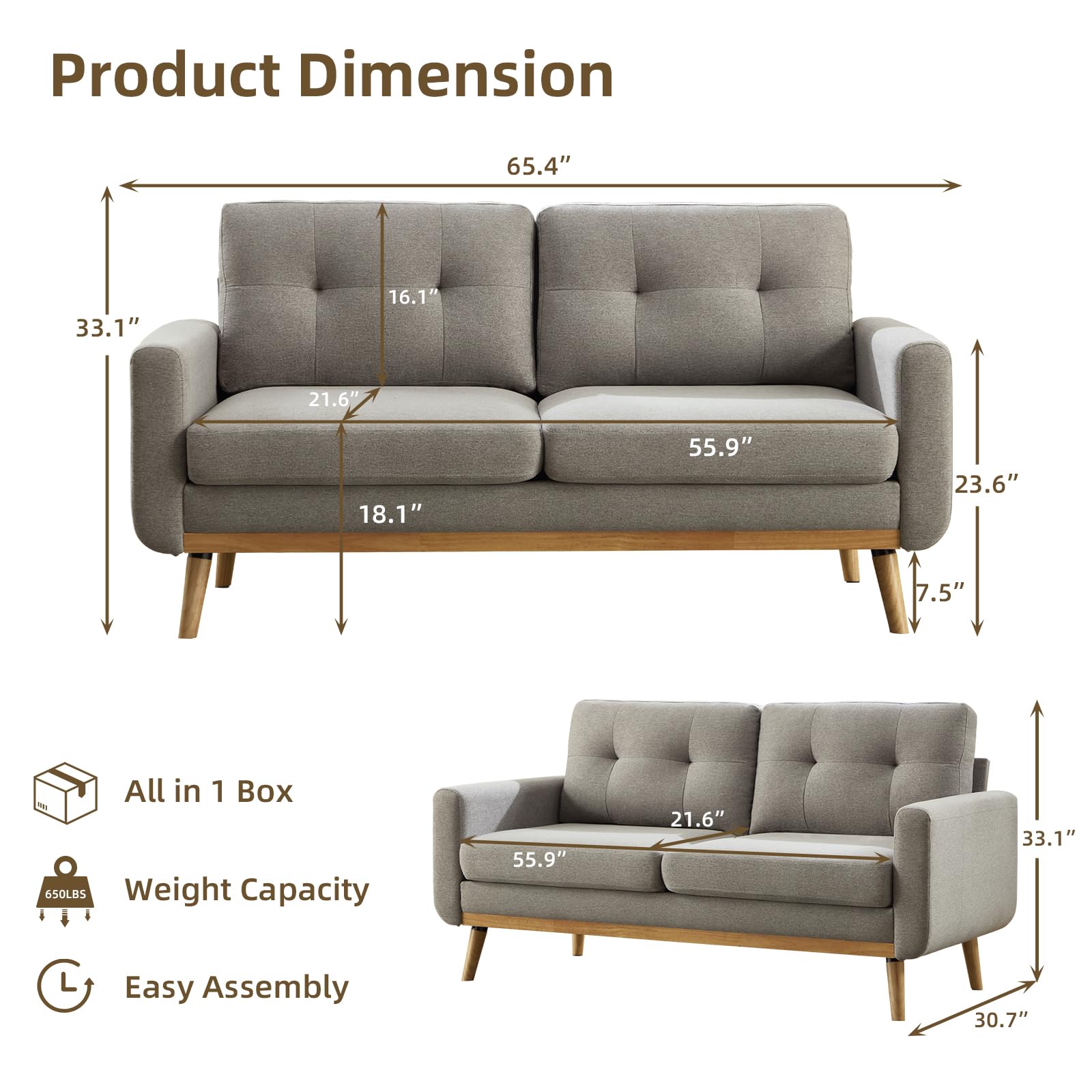Bonzy Home 65.4" Loveseat Sofa, Small Couches for Small Spaces with 2-Seat Upholstered Cushion, Mid Century Modern Sofa for Bedroom, Living Room, Apartment, Office, Gray