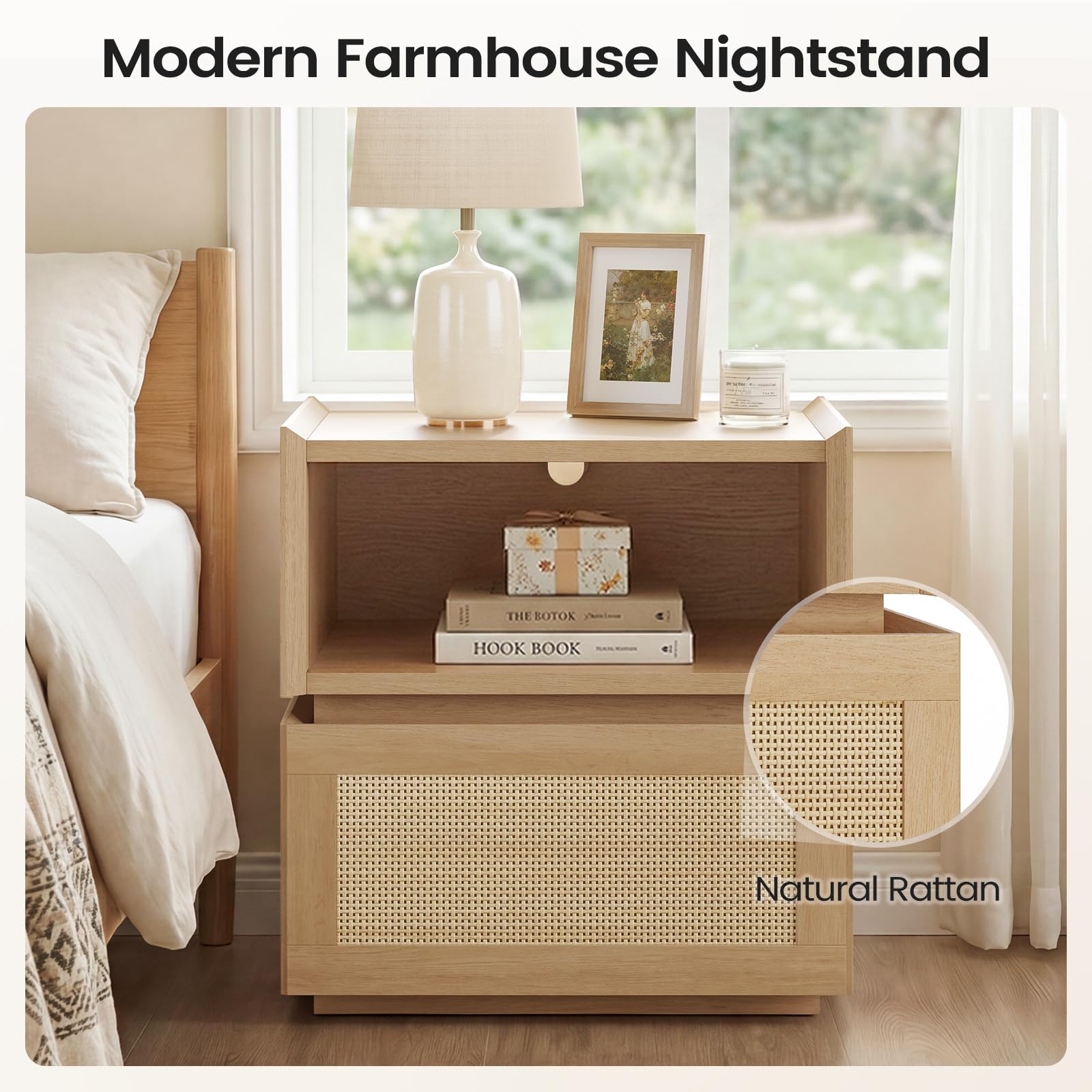 Sikaic Rattan Nightstand Set of 2, Modular Stackable Side Table with Drawer, Bedside End Table with Open Shelf for Bedroom, Small Spaces Natural