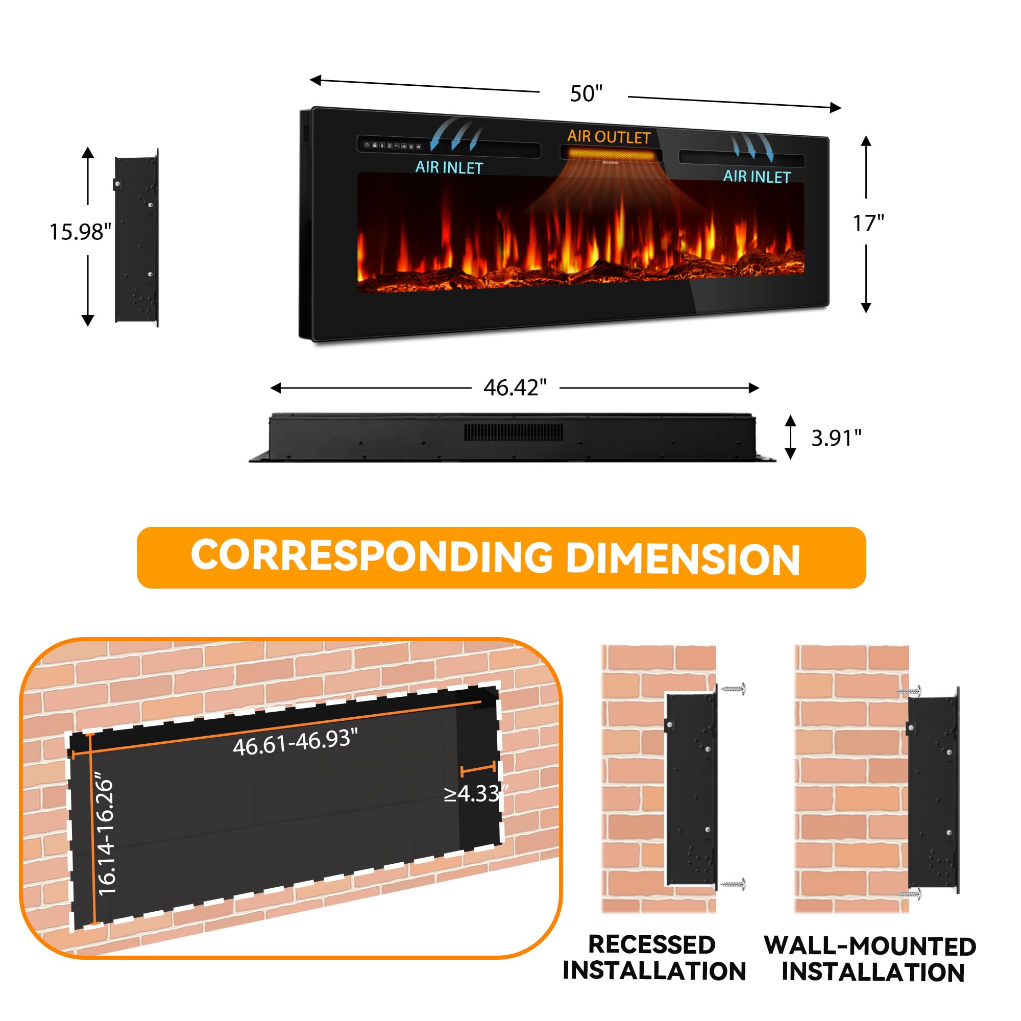 Electric Fireplace Insert – Wall Recessed & Wall Mounted, 50"/60", 750/1500W