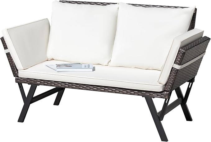 Outdoor Convertible Rattan Sofa Bed with Adjustable Armrests