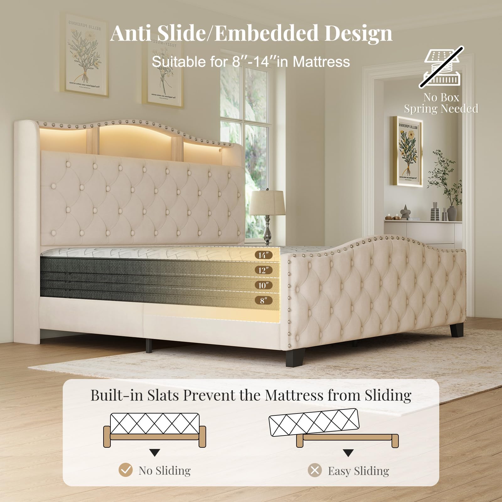 Velvet Wingback Bed Frame with LED Lights & Storage