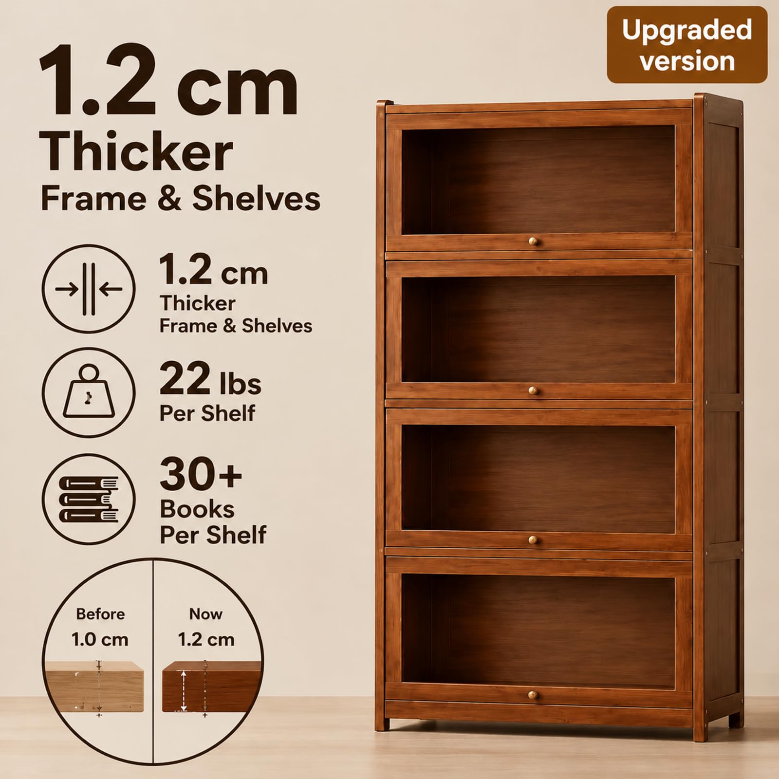 55" Bamboo Bookcases,Book Shelfs with Acrylic Doors,Freestanding Display Storage Shelves for Collectibles,4 Tier Tall Bookshelfs & Bookcases for Living Room Bedroom Home Office