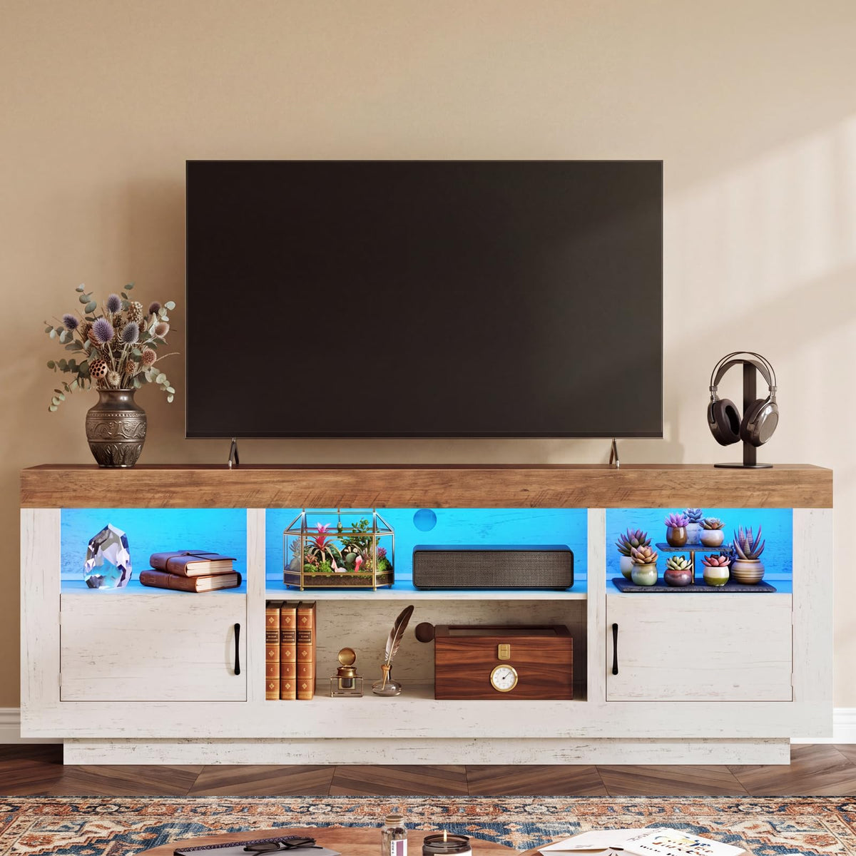 TEENFON TV Stand for 75 inch TV, Entertainment Center with LED Lights & Adjustble Shelves, TV Console, 27.6" H Media Console with Open Storage & Side Cabinets, TV Stands for Living Room, Cloud White