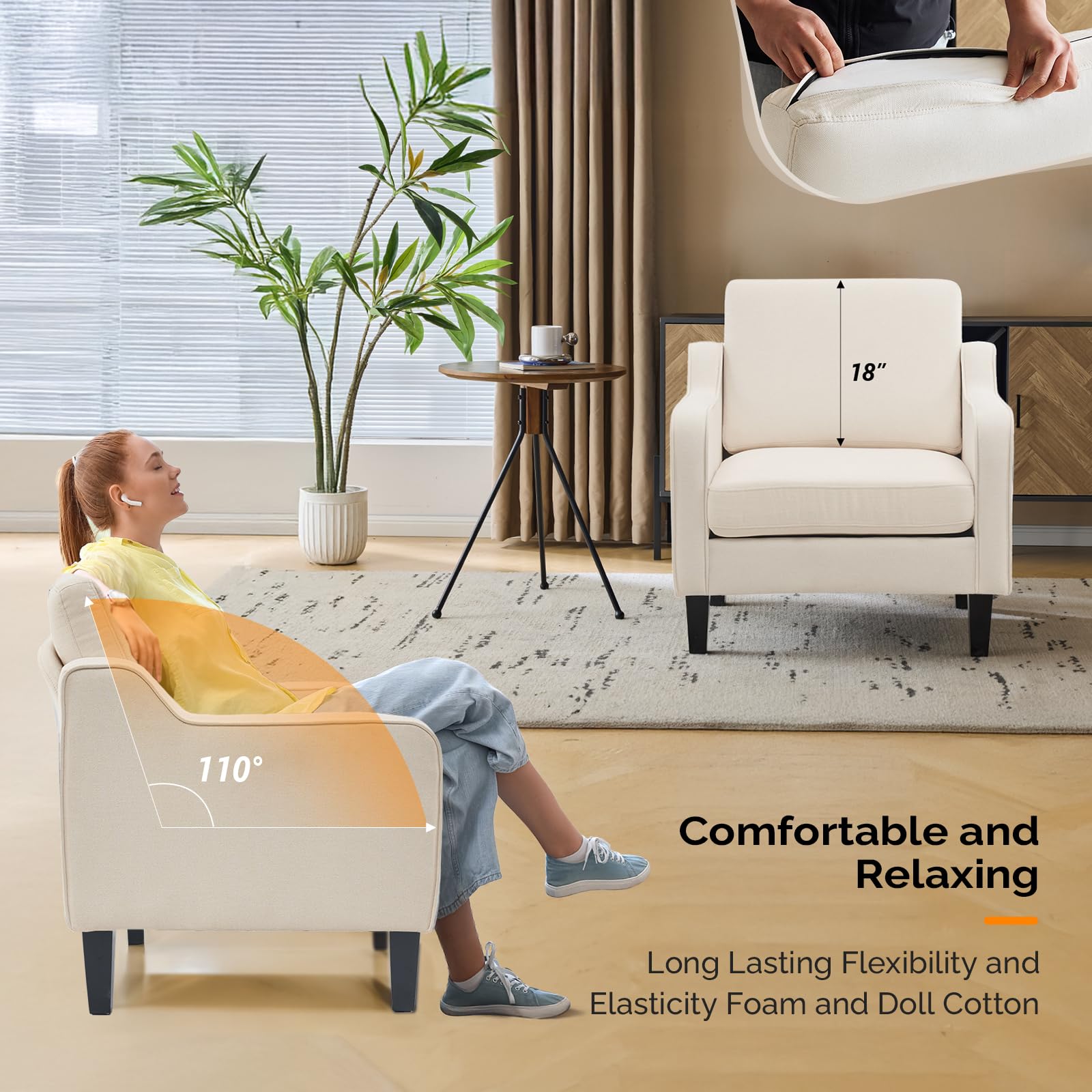 VINGLI Modern Accent Chairs Set of 2, Beige Living Room Chairs Comfy Armchair for Bedroom, Upholstered Sofa Chair Reading Chair for Small Spaces, Apartment, Waiting Room