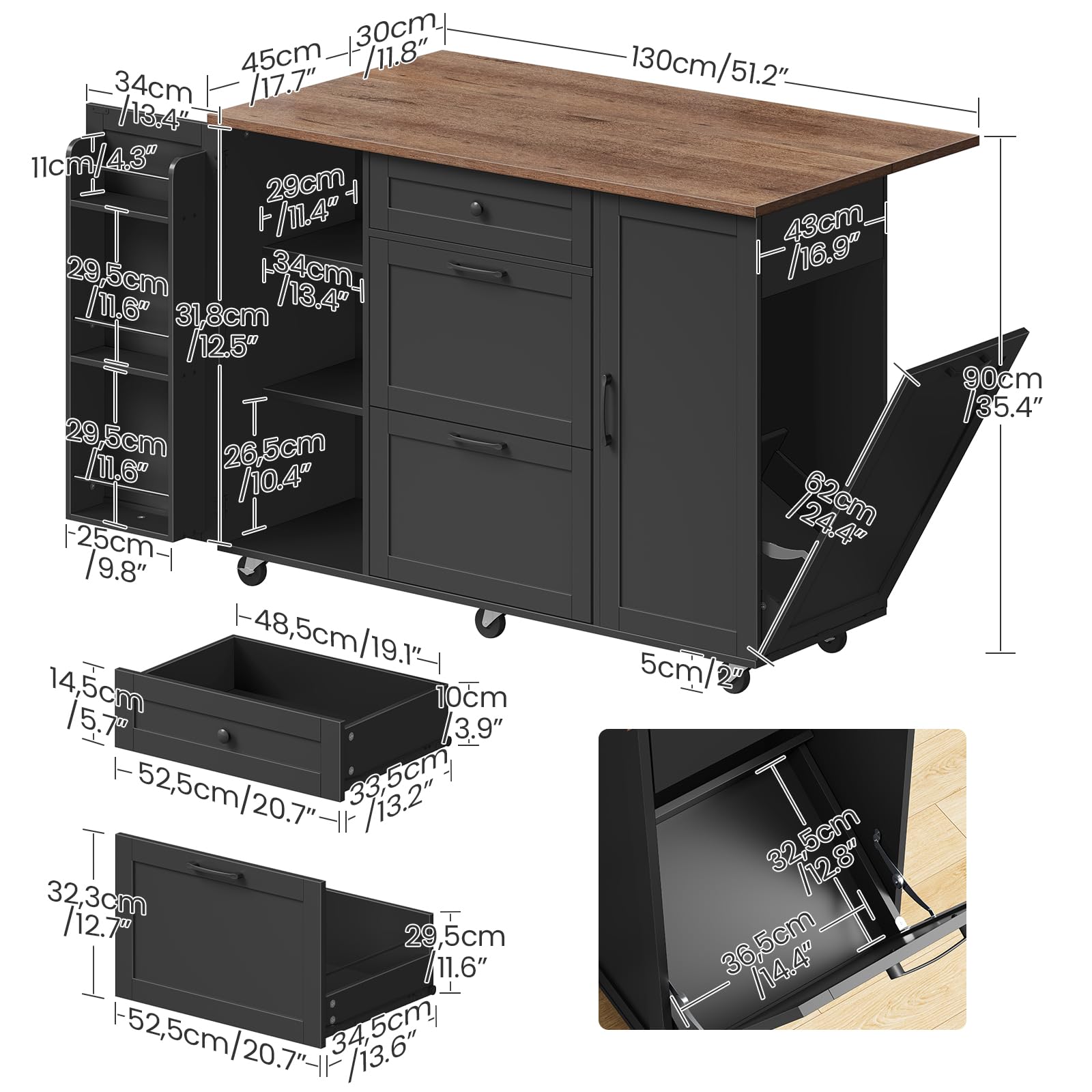 CHOEZON Kitchen Island with Trash Can Cabinet, Drop-Leaf Tabletop & 6 Wheels, 51.2-Inch Rolling Kitchen Cart with Fridge Shelf, Drawers & Adjustable Shelves, Farmhouse Style, Black and Walnut MZD07BL