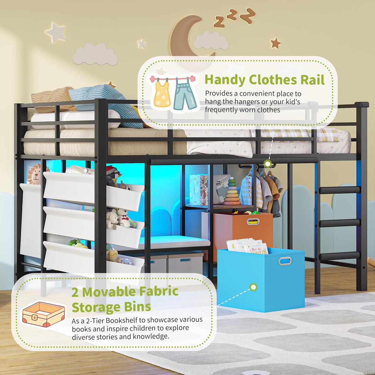 DICTAC Low Loft Bed Twin Size with Storage Bins and Reading Corner, Black