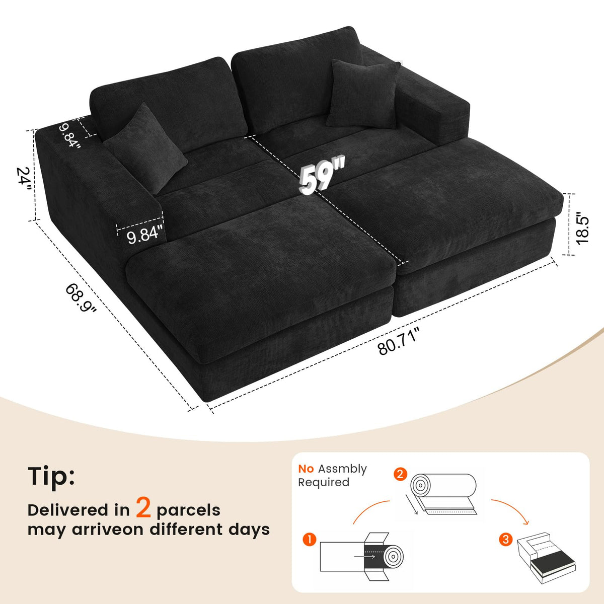 Mifnas 81" Oversized Double Chaise Lounge Chair, Cloud Boneless Sofa Bed