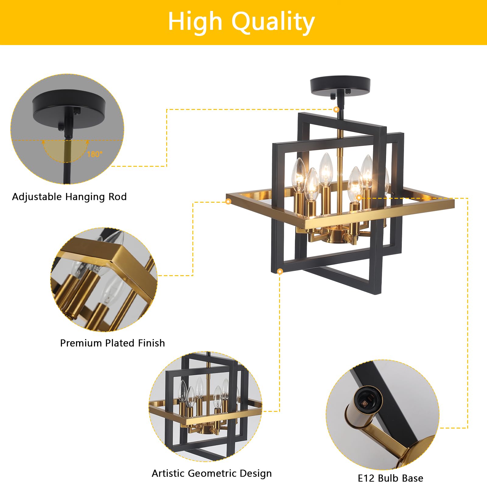 SJCCDSGS Small Black and Gold Chandelier- 6 Lights Geometric Pendant Light Fixture, Modern Industrial Chandeliers Hanging Lights for Entryway Dining Room Living Room Kitchen Island Hallway Foyer