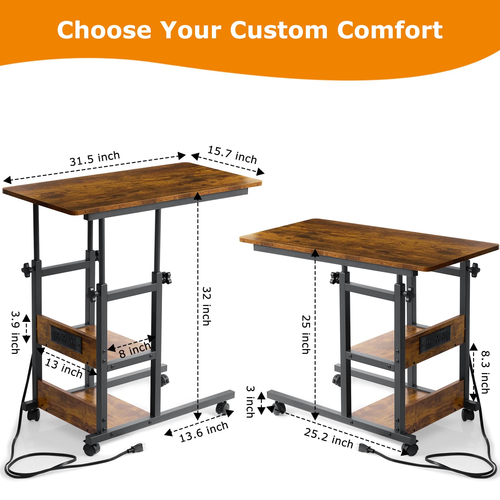 Armocity C Shaped End Table Height Adjustable - Couch Side Table with Charging Station, TV Tray with Wheels Slide Under Sofa for Small Spaces, Living Room Bedroom, Rustic Brown