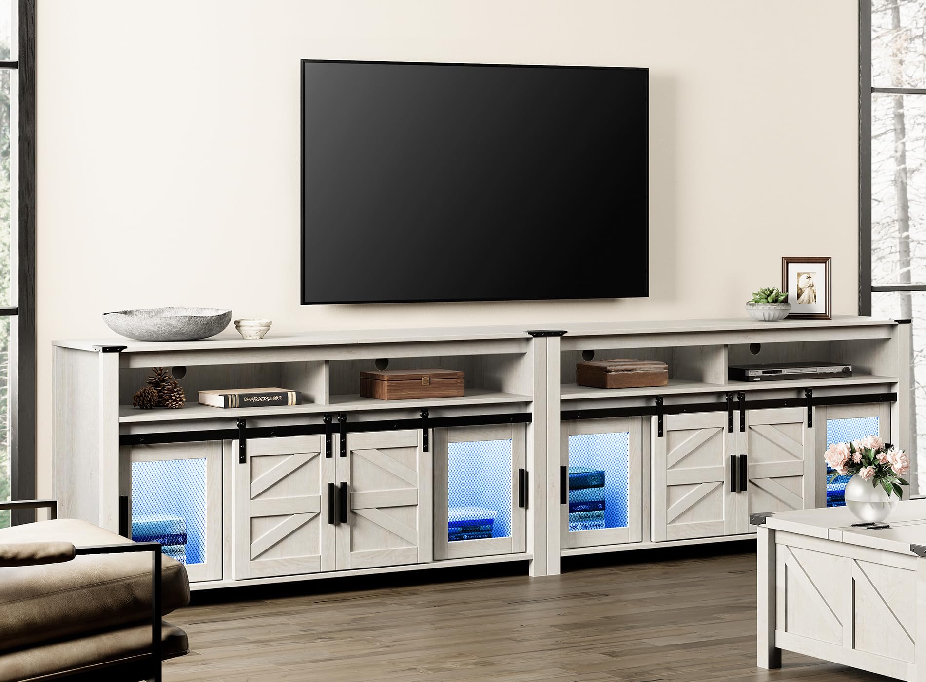 WAMPAT TV Stand for 100+ Inch TVs, Set of 2 Tall Highboy Farmhouse Entertainment Center w/Mesh & Sliding Barn Doors, Extra Wide Wood Media Console w/Adjustable Shelf & Blue LED Lights, Antique White