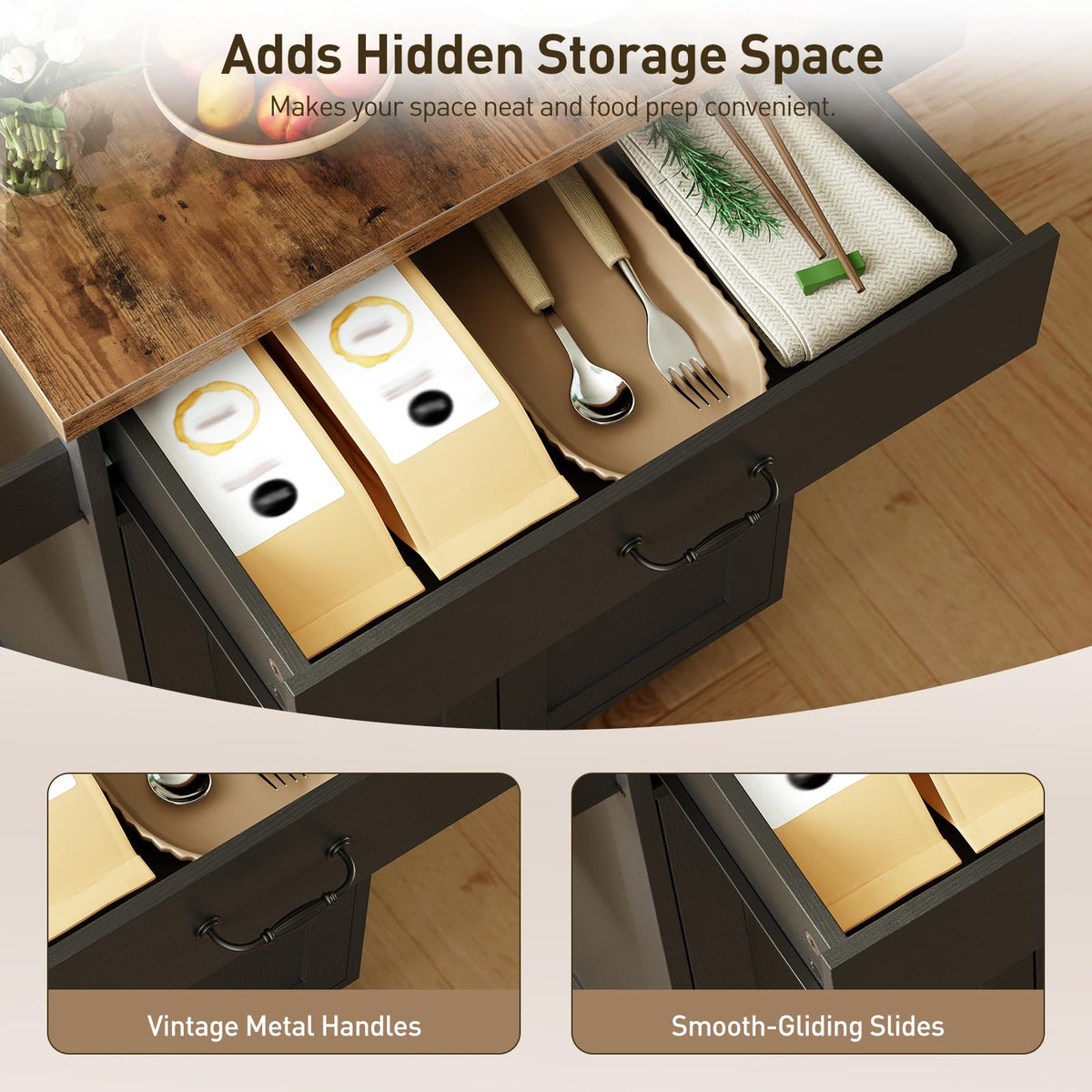 RALGEND Small Kitchen Island Cart with Storage, Black and Rustic Brown