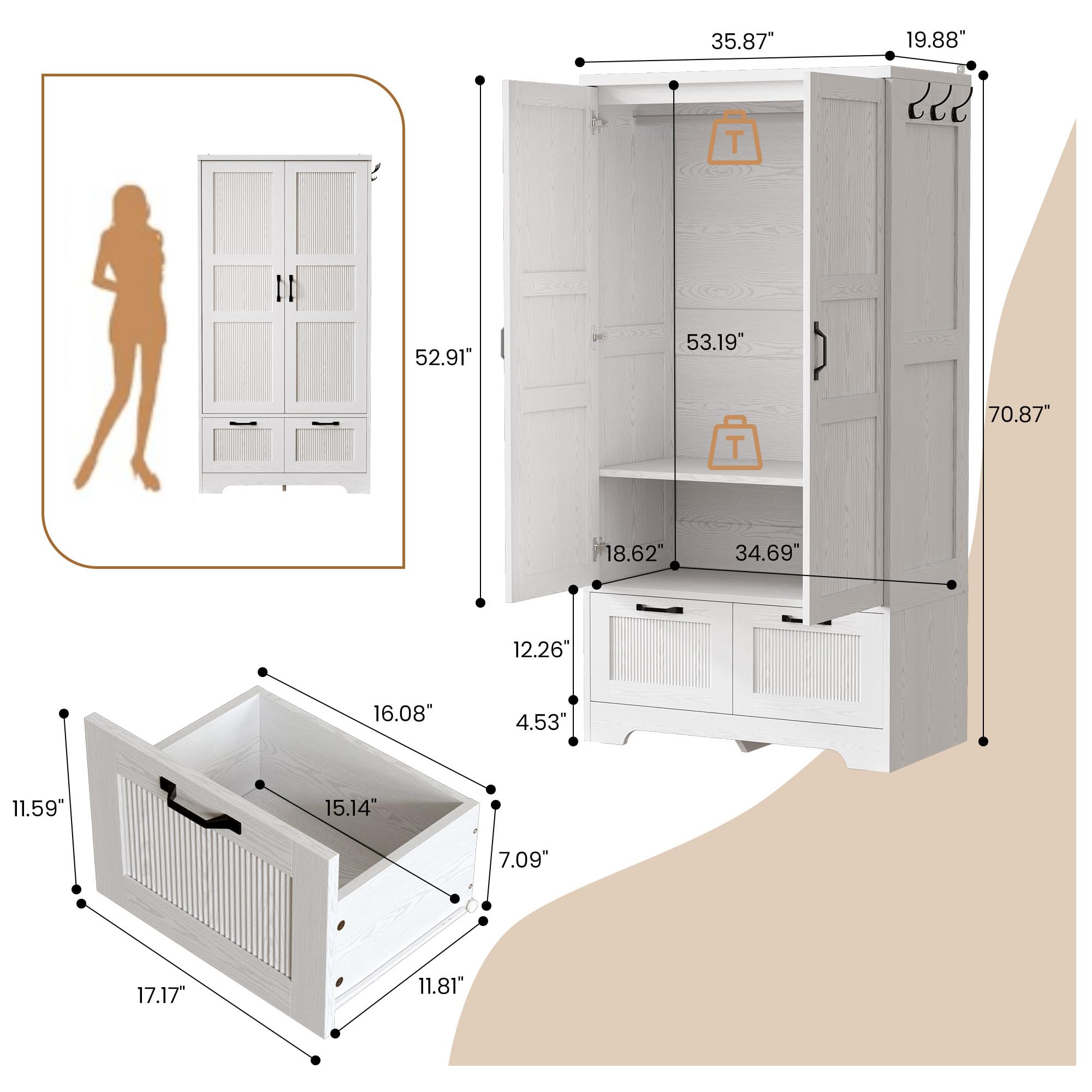 ANCTOR Armoire Wardrobe Closet, 71" H Wooden Clothing Storage Cabinet with 2 Doors and 2 Drawers, Bedroom Freestanding Wardrobe Combination with Hanging Rod and Shelves, White