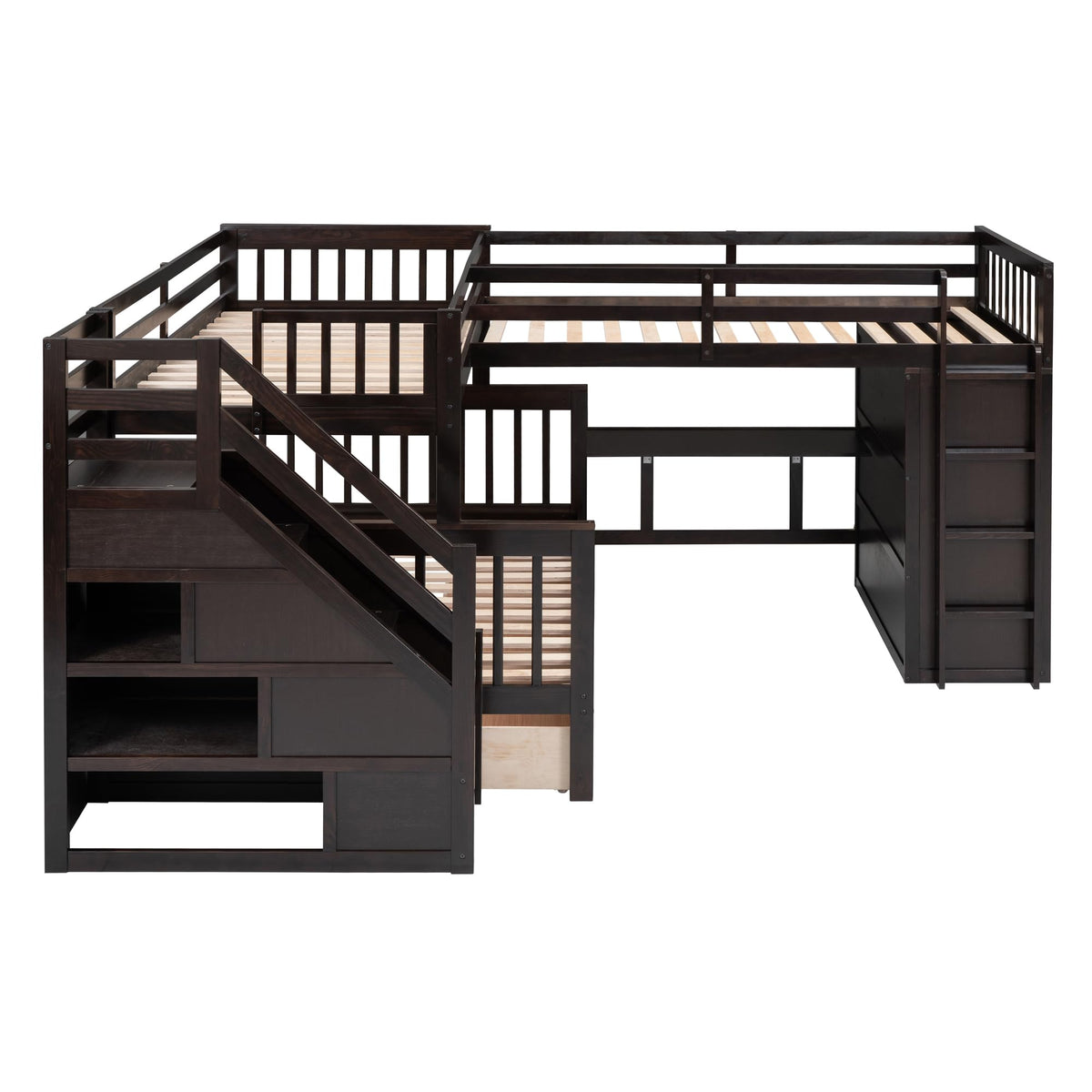 Bellemave L Shaped Triple Bunk Bed with Storage Staircase, Wardrobe, Desk & Drawers, Wooden Bunk Bed for 3 Kids, Twin Over Full Bunk Beds, L-Shaped Loft Bed for Kids, Teens, Adults (Espresso)