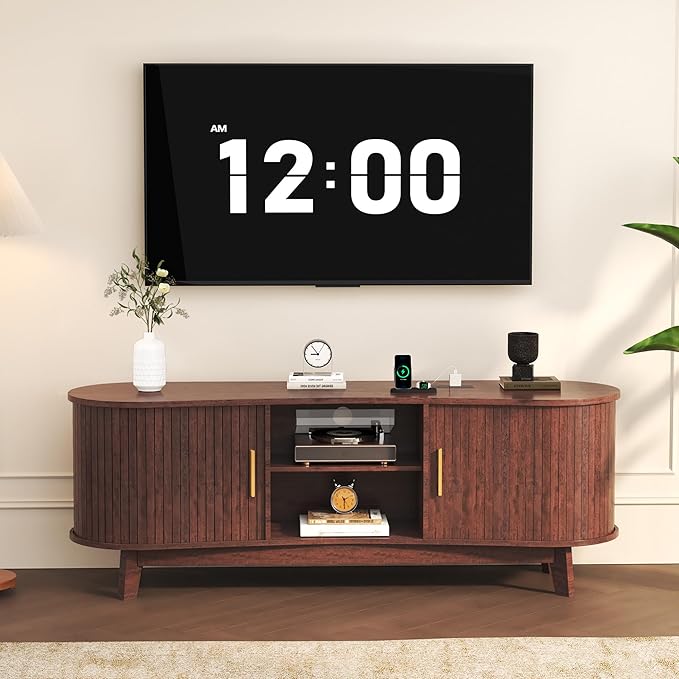 59" Mid-Century TV Stand with Sliding Doors & Power Outlets