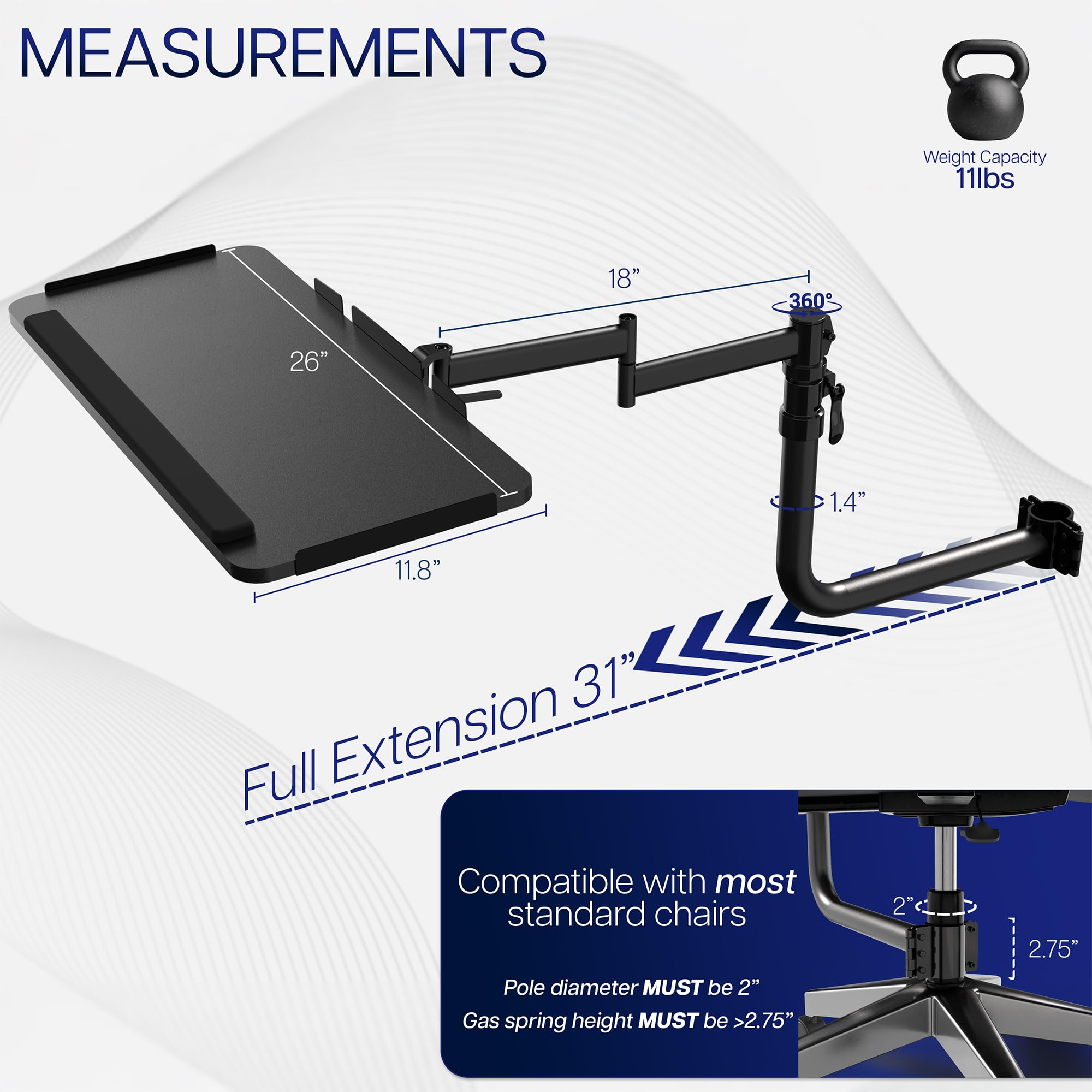 Chair-Mounted Keyboard & Mouse Tray with 360° Rotation